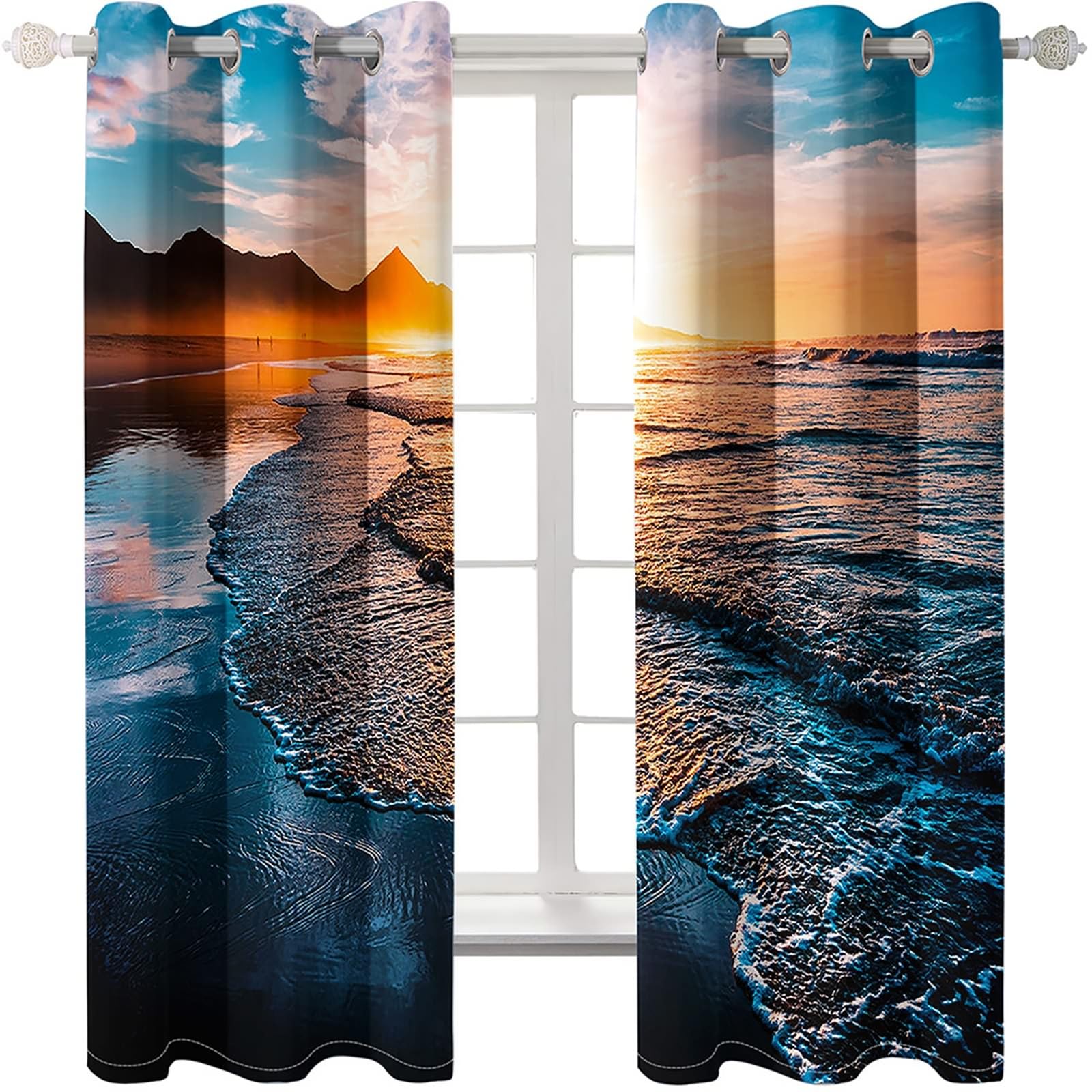 Gualiy Vorhänge Blickdicht Ösen 2er Set, Vorhänge 137x229 Meeresstrand und Sonnenaufgang Fenstervorhang Verdunkelung