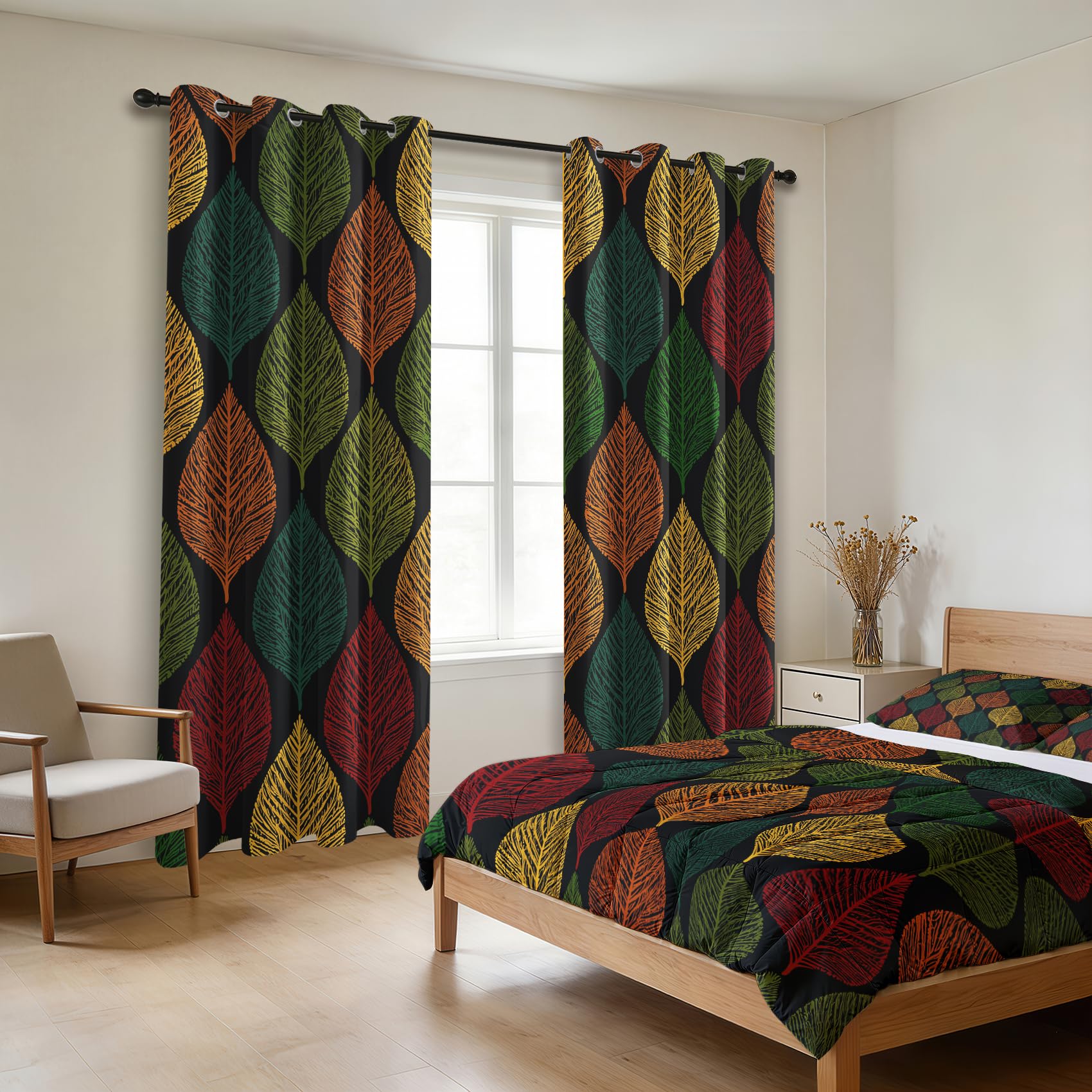 Mistela Blätter Verdunklungsvorhänge - Gardinen Boho Bunte Blätter Blickdicht Vorhang mit Ösen Verdunklungsvorhänge für Kinderzimmer Wohnzimmer Schlafzimmer Dekoration - 2er Set - H220 x B140cm