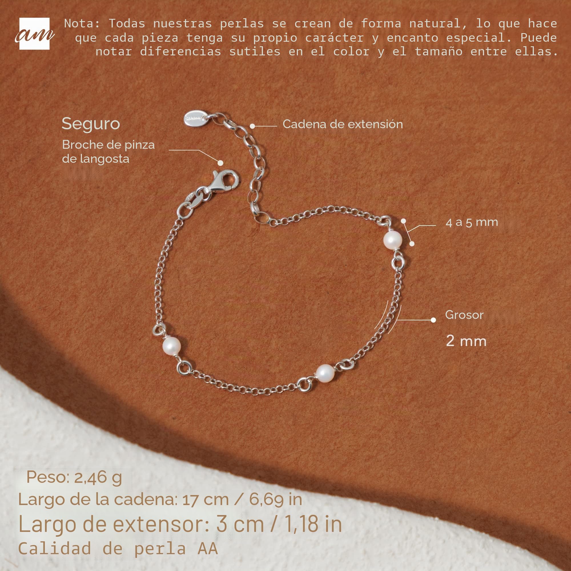 Amberta Pulsera de Perlas de Agua Dulce para Mujer en Plata de Ley 925