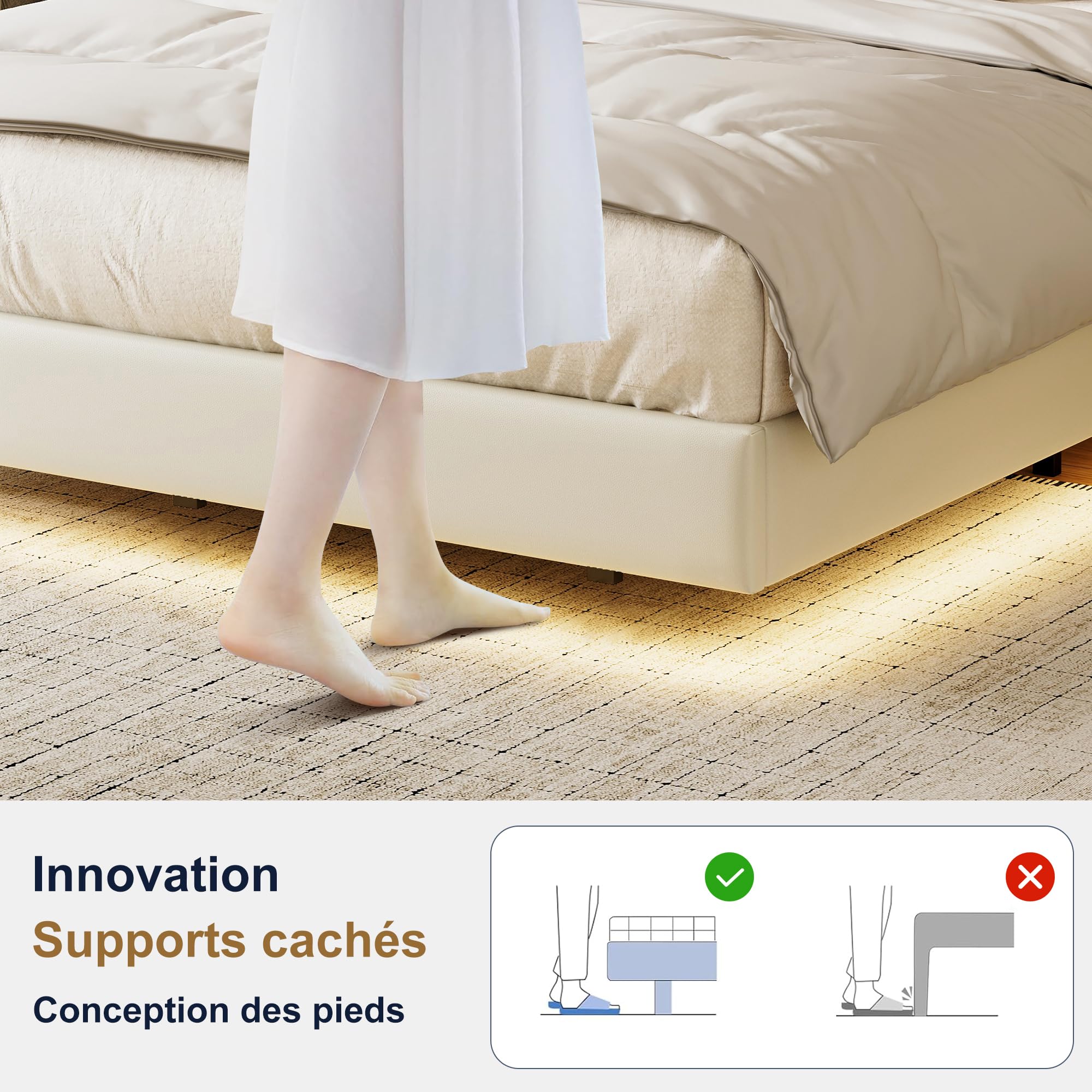 Lit Coffre 160x200 avec Sommier,Cadre de Lit avec Éclairage LED et Charge USB,Lits 2 Personnes avec Rangement de Tête de lit,lit Double 160x200 avec Cadre Flottant,PU, Blanc(sans Matelas)