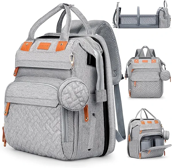 Baby Diaper Bag, Backpack with Changing Table, Unisex Baby Bag, with Diaper Pad, USB Charging Port, Insulated Pacifier Case, Multifunctional Waterproof Travel Diaper Bag, Gift for Newborn Baby (Grey)
