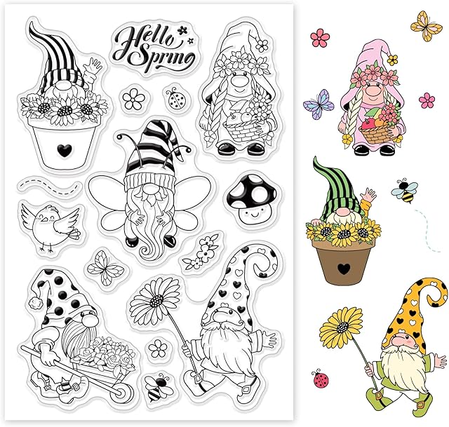 GLOBLELAND Gnome Clear Stamps Spring Flower Silicone Stamp Seal Bee Butterfly Transparent Stamps for Cards Making Photo Journal Decoration DIY Scrapbooking