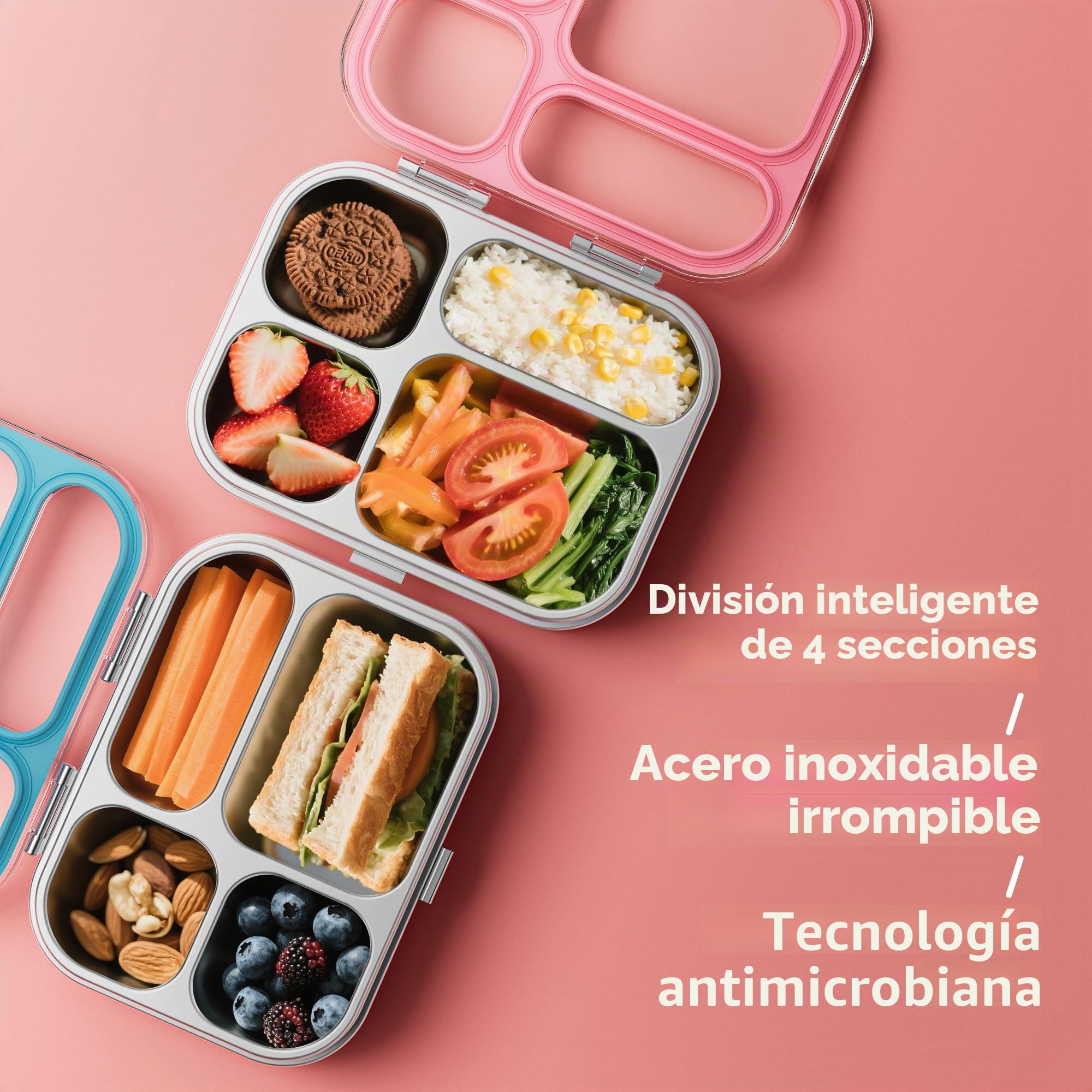 G.a HOMEFAVOR 800 ml Fiambrera Bento de Acero Inoxidable 304 para Niños, Caja de Bento Hermética con 4 Compartimentos, Bandeja para Sándwiches y Ensalada, Apto para Lavavajillas, Rosa