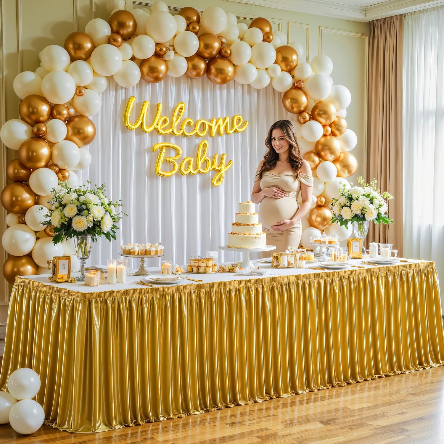 Wish Care 17ft Gold Satin Table Skirt for Rectangle Tables Wrinkle Free Glitter Desk Skirts Pleated Ruffle Table Cloth for Wedding Birthday Graduation Cocktail Party Buffet Display Table Decorations