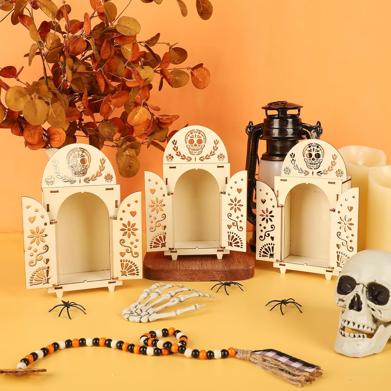 Dia De Los Muertos Ofrenda Altar Kit, 3 Sets Mini Wooden Ofrenda Altar Shadow Box, Day of Dead Decorations for Celebration & Remembrance