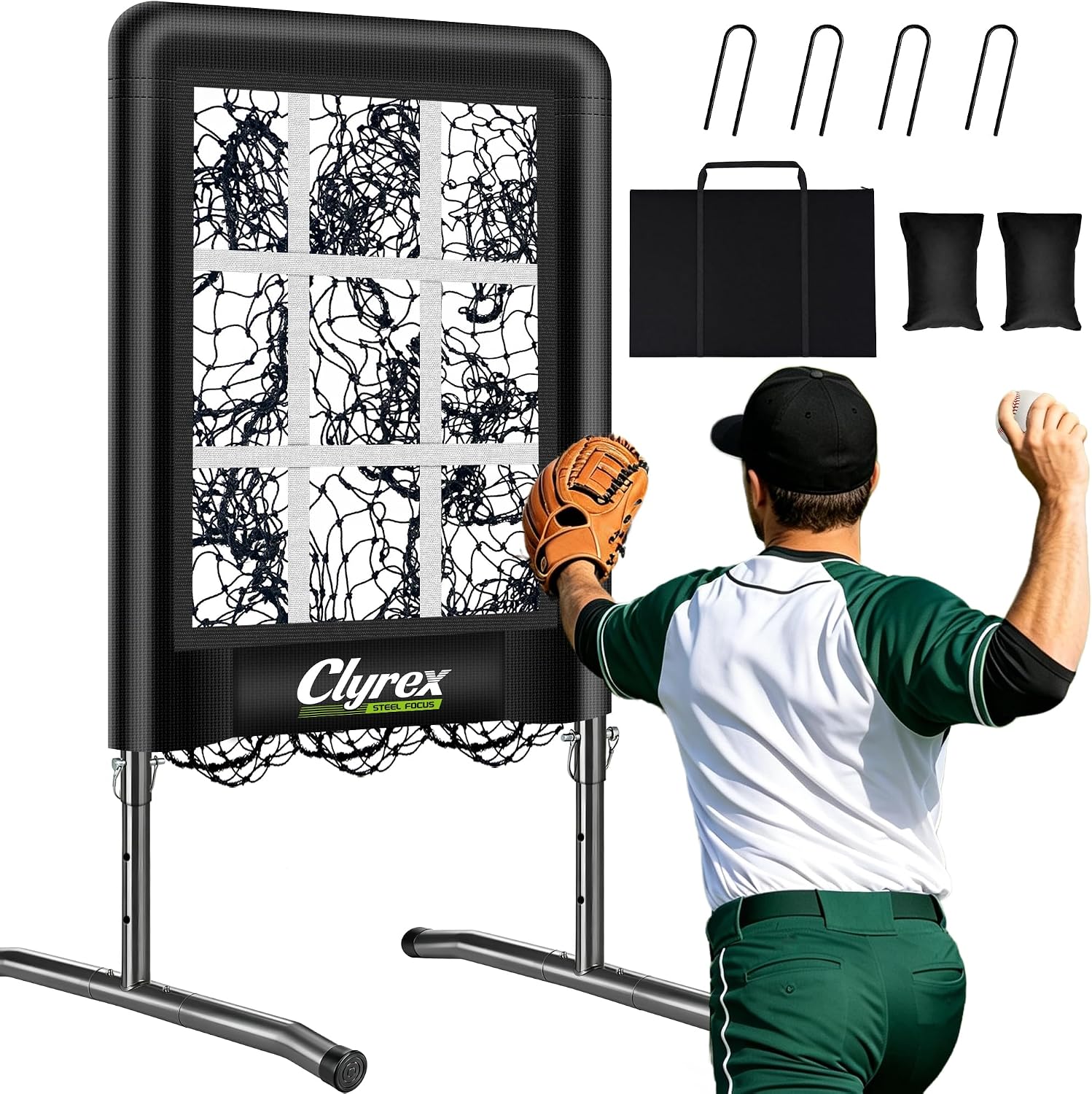 9 Hole Pitching Net with Strike Zone, Baseball Softball Pitching Target for Accuracy Training, Heavy Duty Adjustable Height for Youth Teens Adults, Portable Practice Net for Backyard Garage