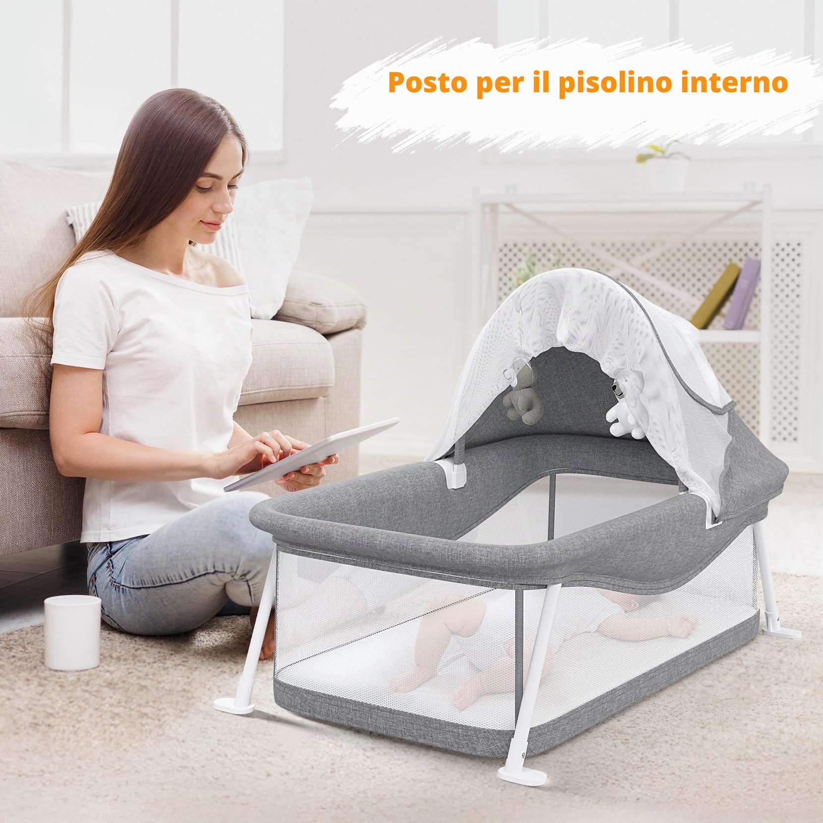 Lettino da Viaggio per Bambini, Adatto per bebè da 0 a 5 mesi, Tenda da Viaggio Pieghevole, Facile da Piegare, Dotato di Zanzariera e Giocattoli, Superficie 80 x 40 cm (Grigio)