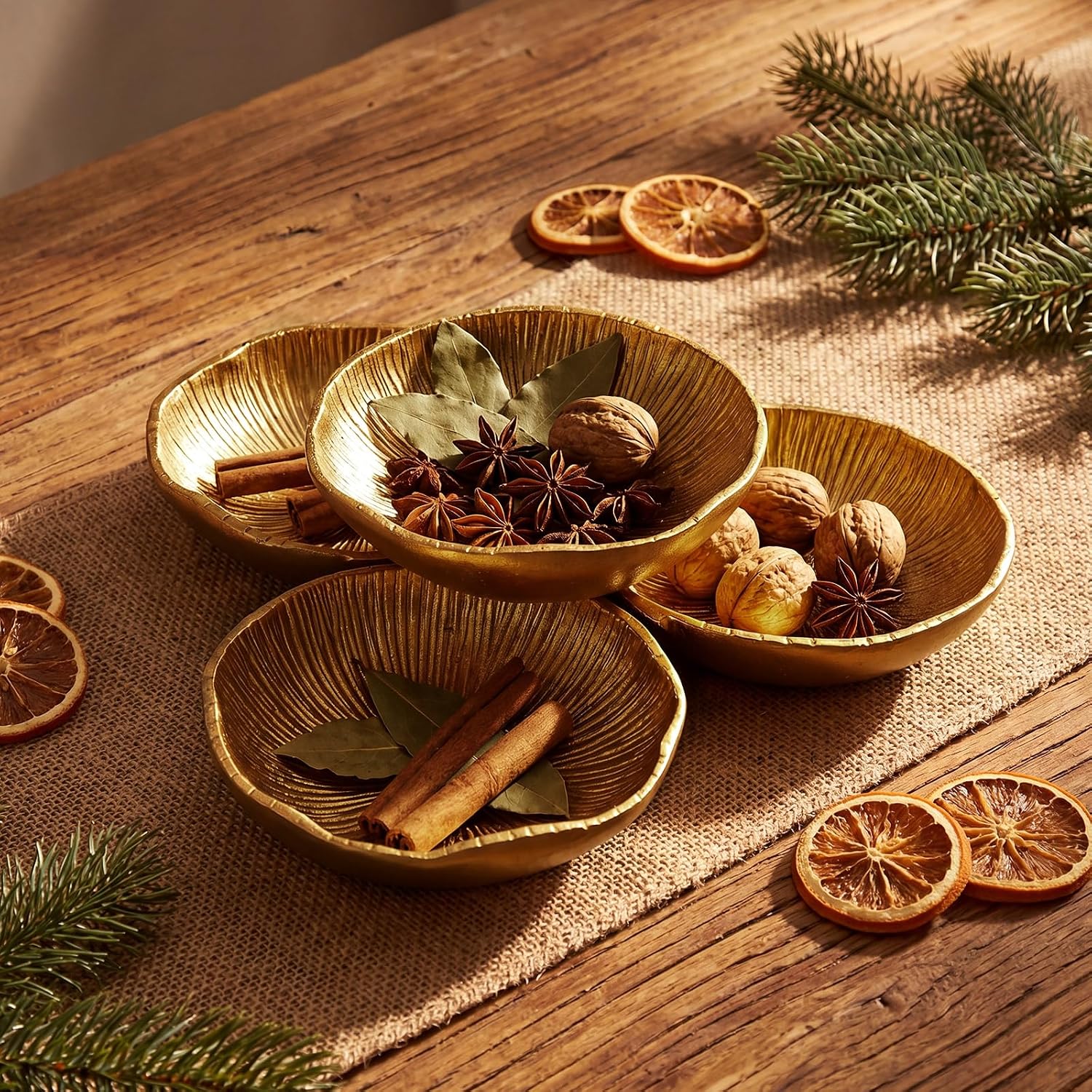 2 Pack Cluster of 4 Serving Trays Small Rustic Gold Resin Bowls 10" Total Width Sculpted Shell Cluster Serving Tray for Kitchen Wedding Home Olives Chip Dip Nuts Appetizers Entertaining