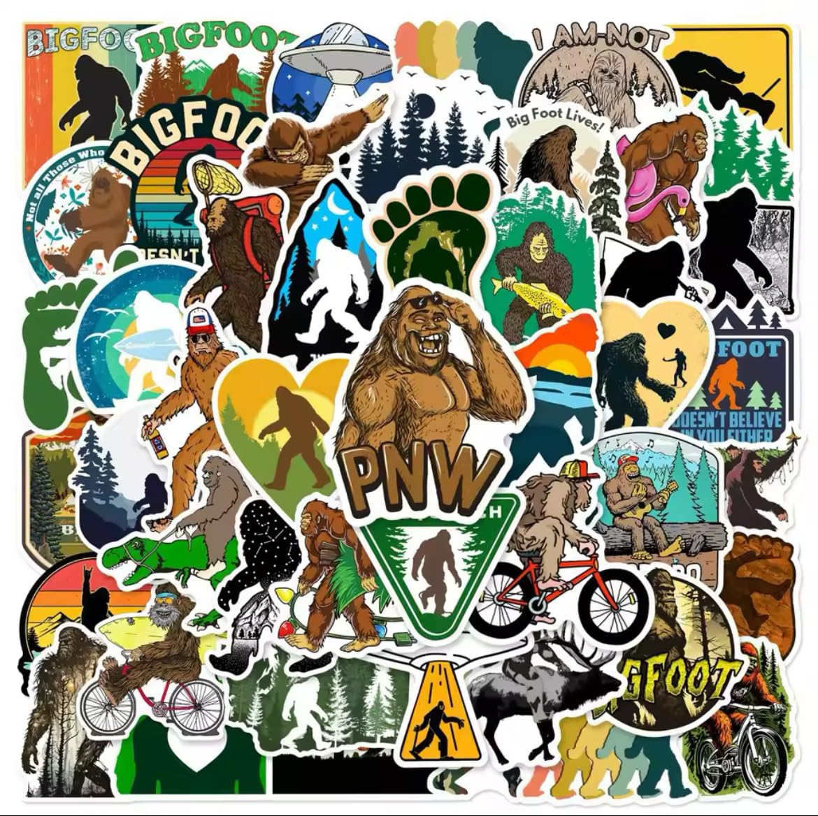 50 Pack Bigfoot Stickers - Yeti, Sasquatch, Skunk Ape, Yowie, Hairy Man, Wendigo