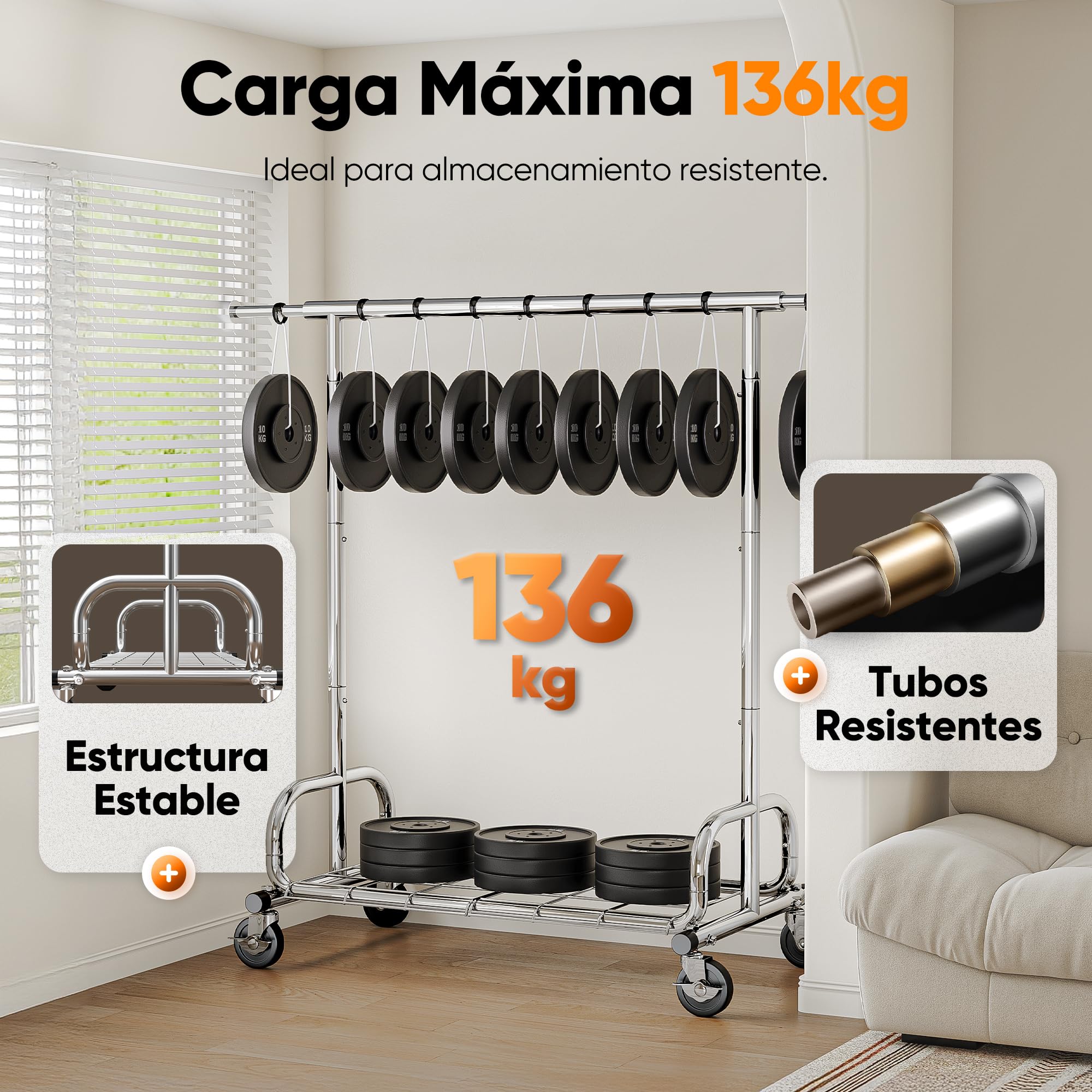 HOKEEPER Burro de Ropa Resistente 136kg, Barra Extensible con Ruedas Bloqueables y Estante, Ahorra Espacio para Dormitorio, Apartamento Pequeño, Lavandería, Plateado