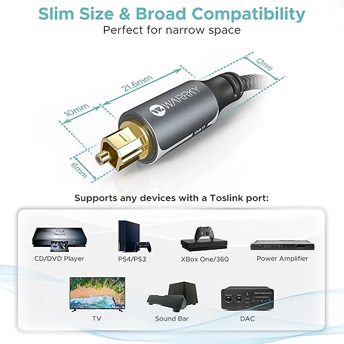 Miniatura 3 de Warrky Cable de audio óptico, cable de fibra óptica de 10 pies caja de metal, trenzado de nailon, enchufe chapado en oro Cable Toslink de audio