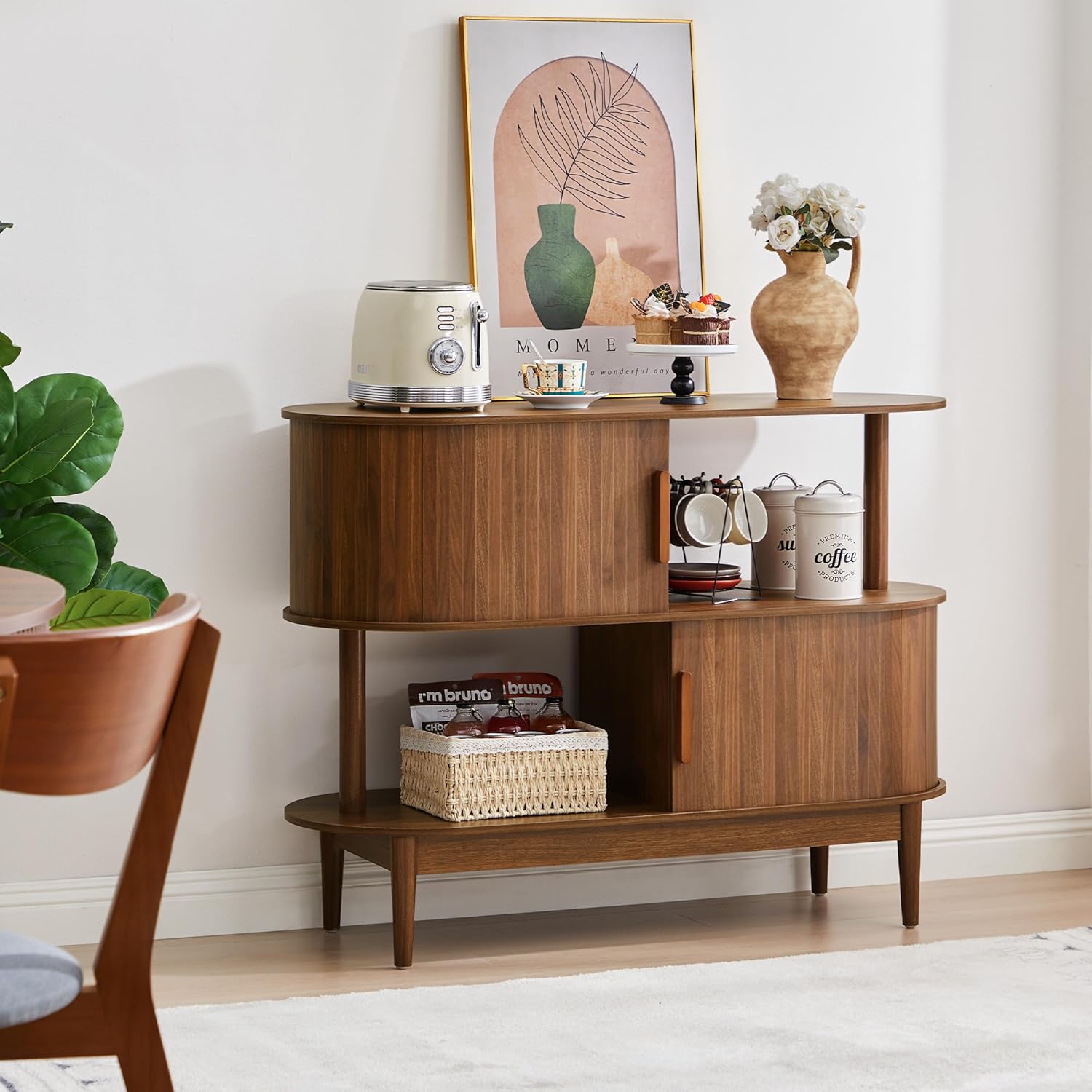 42.5'' Buffet Cabinet with 2 Open Storage, Oval Sideboard Cabinet with Sliding Doors Modern Accent Coffee Bar Wood Kitchen Storage Cabinets for Kitchen, Living Room, Hallway (Walnut)