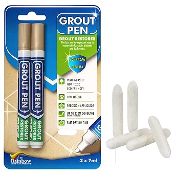 Grout Pen Tile Paint Marker 2 Pack Beige with 5 Pack Replacement Tips Narrow, 5mm - Waterproof Grout Colorant and Sealer Pen to Renew, Repair, and Refresh Tile Grout - Cleaner Coating Stain Pens