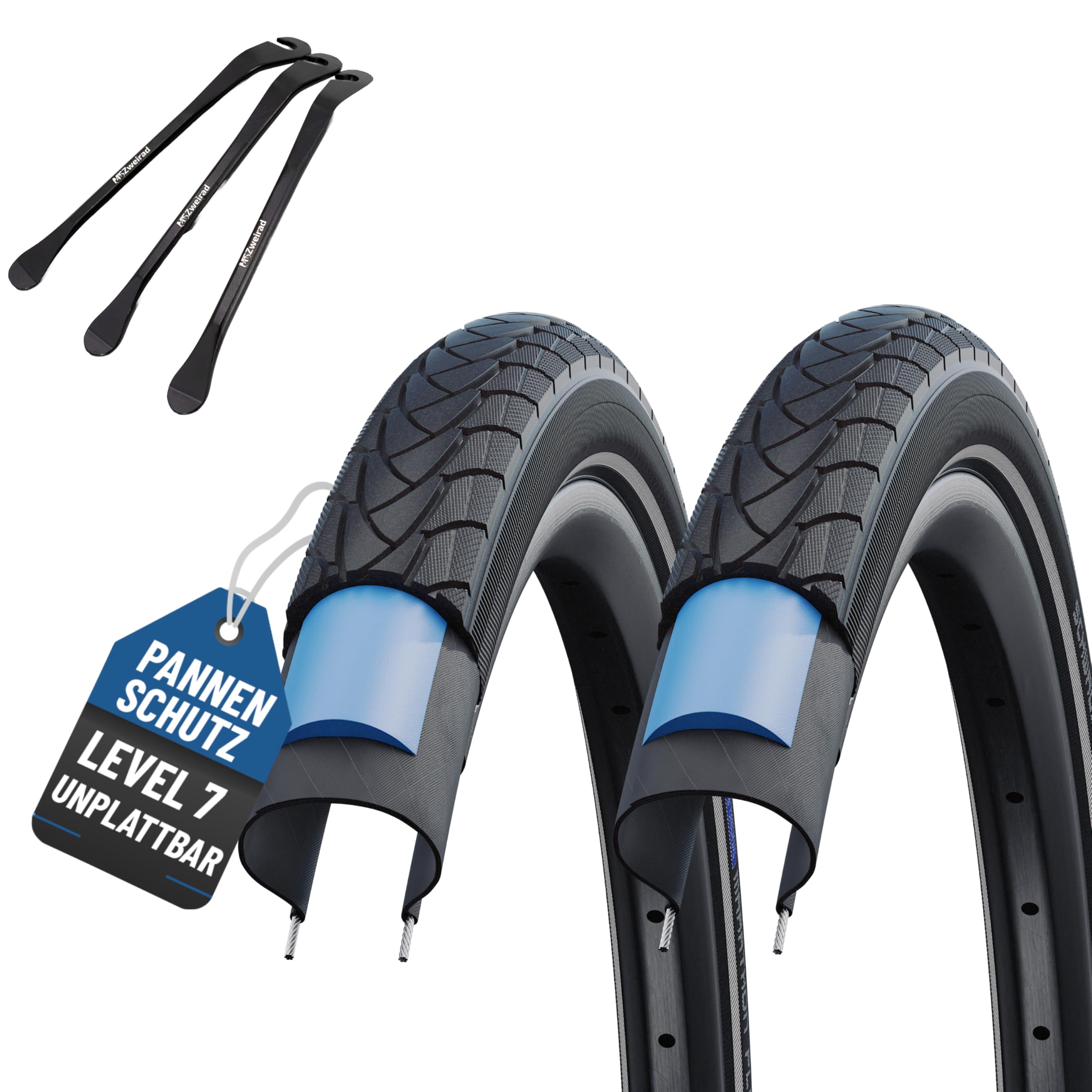 2er Set Schwalbe Reifen Marathon Plus 28 Zoll (47-622) Reflex auswählbar mit Schläuchen + 3 MSZweirad Metall Reifenheber E Bike (Ohne Schläuche, 28x1.50 (40-622))
