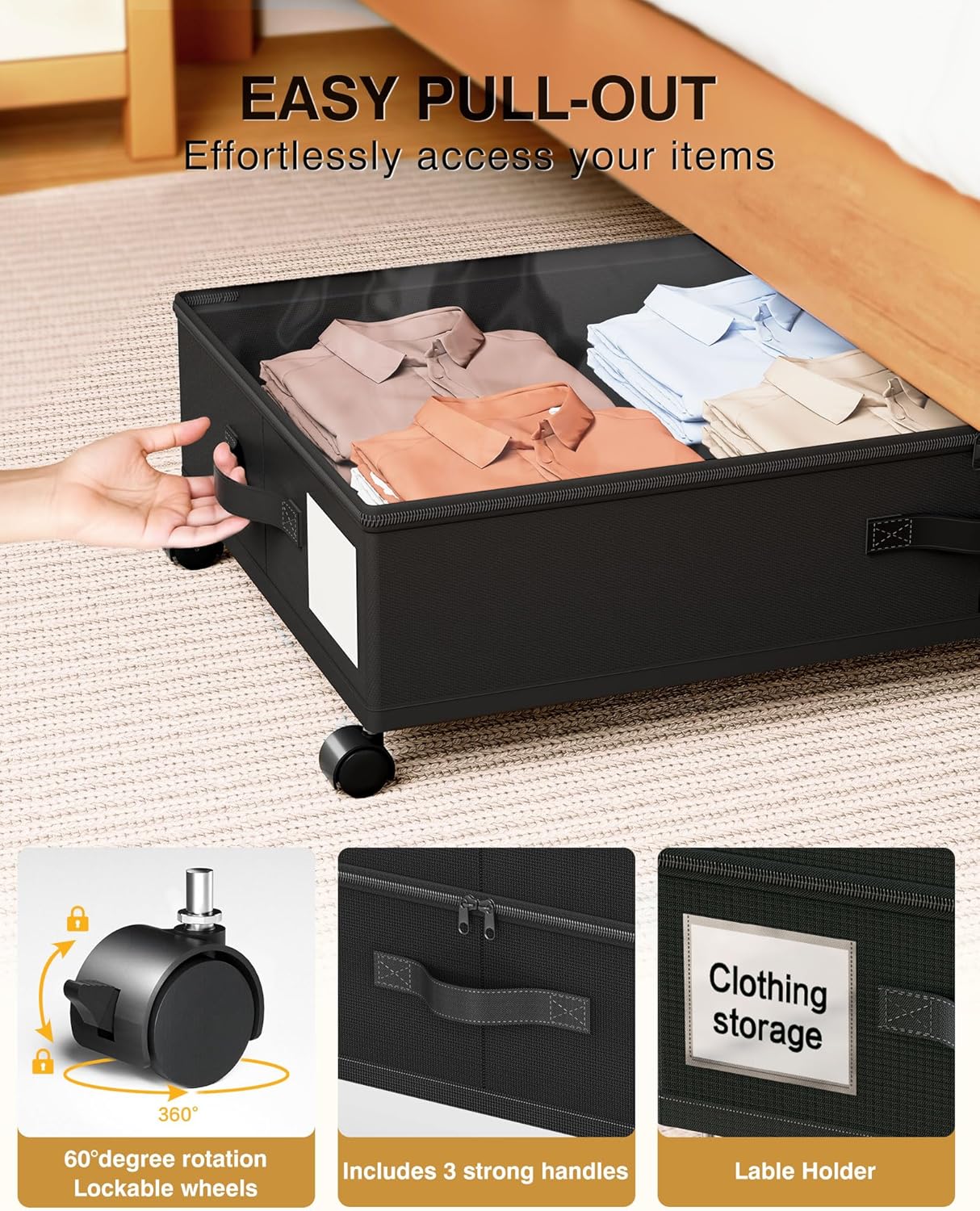 Under Bed Storage with Wheels,2Pack Underbed Shoe Storage Organizer,7.5-10.6 inchTall Adjustable Storage for Underbed with Lids,65L Extra large capacity for Clothes, Blankets,Shoes