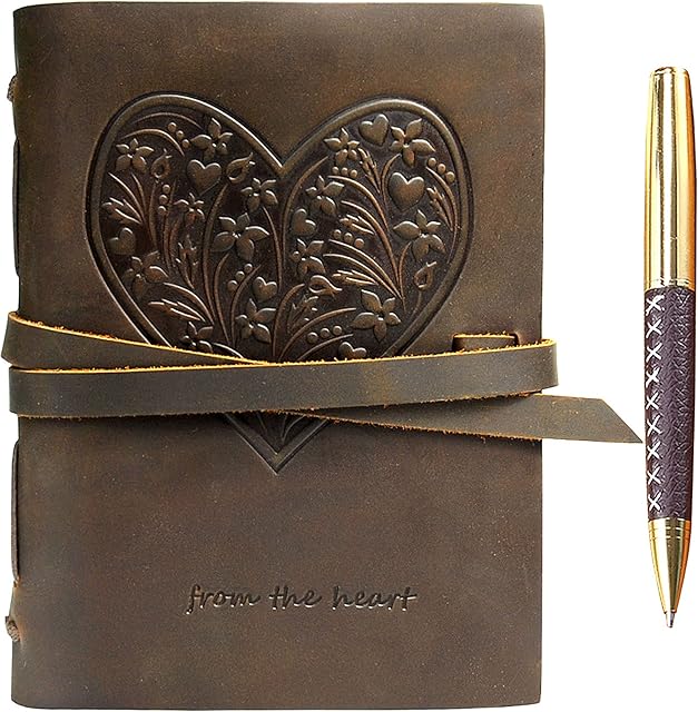 Genuine Leather Journal for Women - Beautiful Heart Flowers Embossed A5 Handmade Travel Diary, Vintage Writing Bound Notebook Antique Soft Rustic 6x8 Engraved Unlined Paper for Notes Sketchbook + Pen
