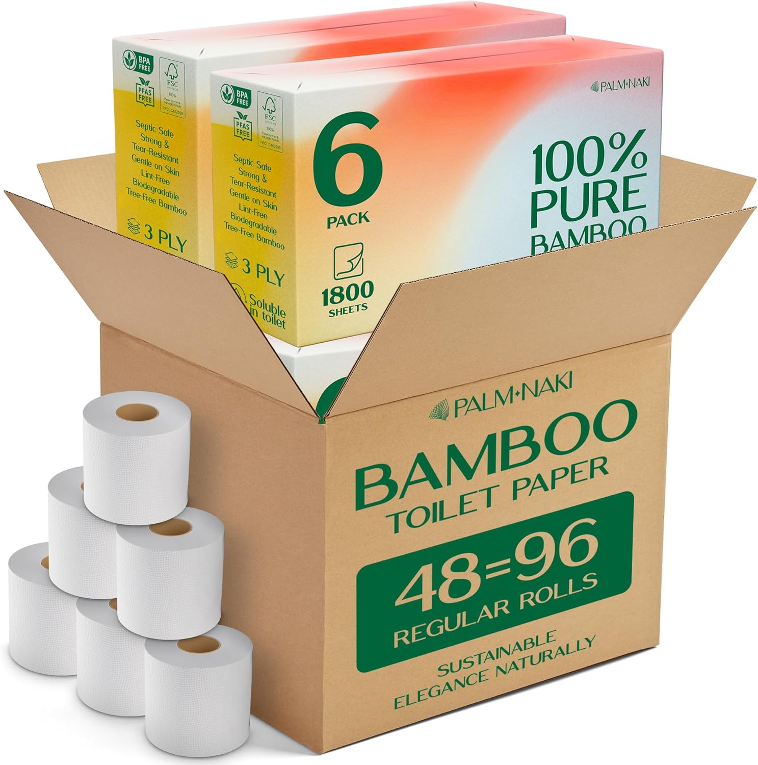 Bulk Case – Bamboo Toilet Paper | 3-Ply Toilet Tissue – Gentle & Sustainable | No Fragrance, No BPA, No PFAS – Lint-Free | Septic Safe, Dissolves Fast | 48 Rolls (300 Sheets/Roll) | | PALM NAKI