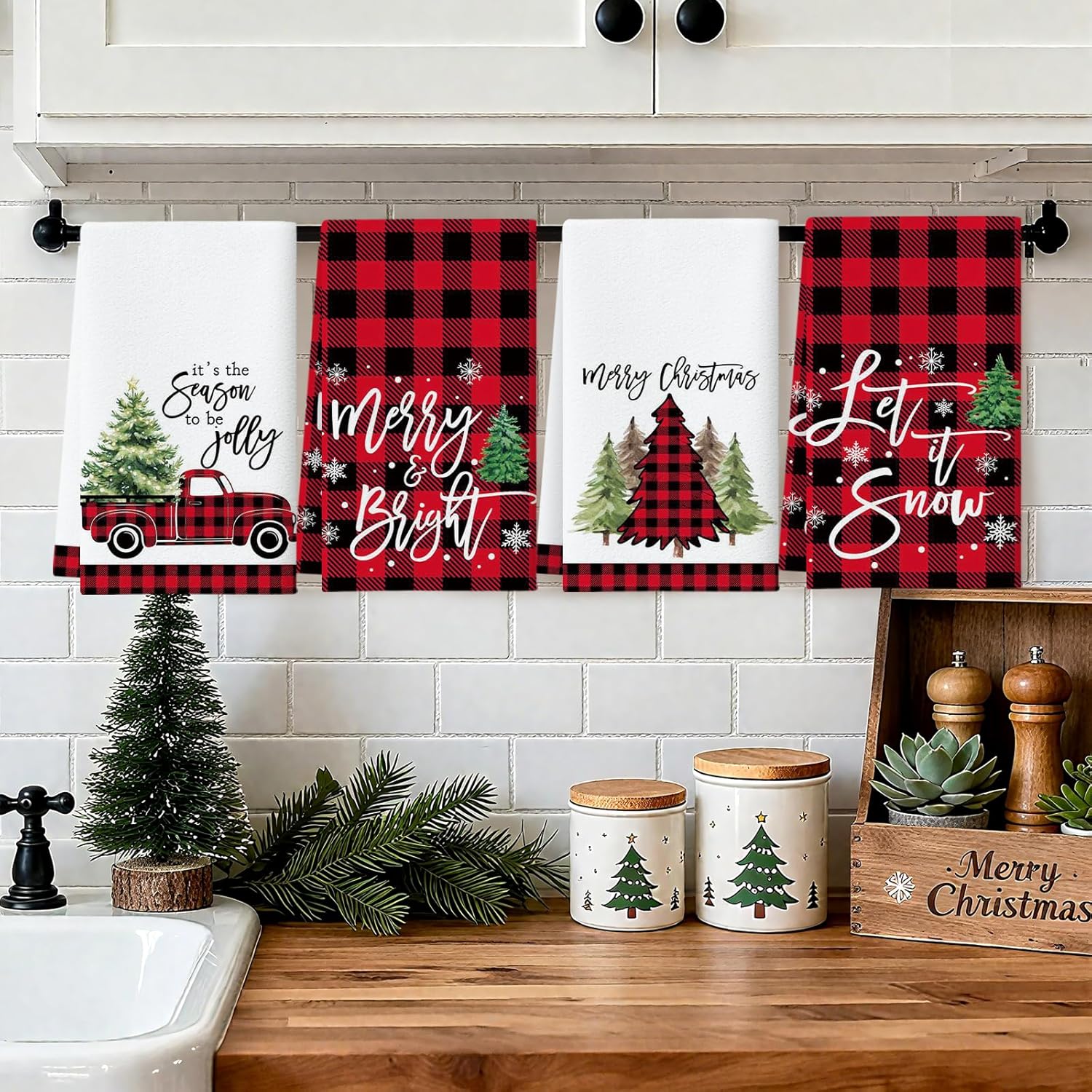 OTOSTAR Merry Christmas Black Red Buffalo Plaid Kitchen Towels Dish Towels 18x26 Inch, Set of 4 Christmas Tree and Truck Winter Decoration Hand Towels for Cleaning Cute Design Home Decor - Image 8
