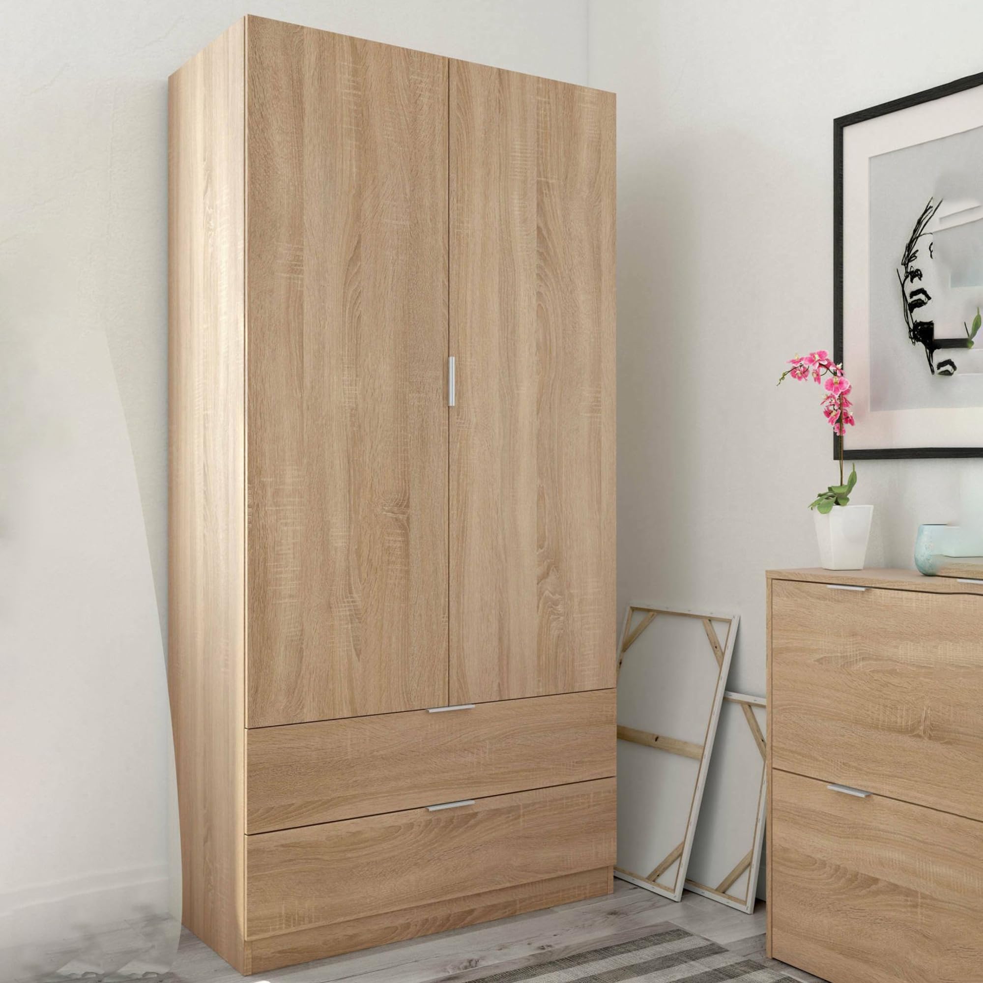 Dmora - Garde-robe 2 portes Burbank, armoire de chambre à 2 tiroirs, Armoire avec tringle à vêtements, 81x52h180 cm, Chêne
