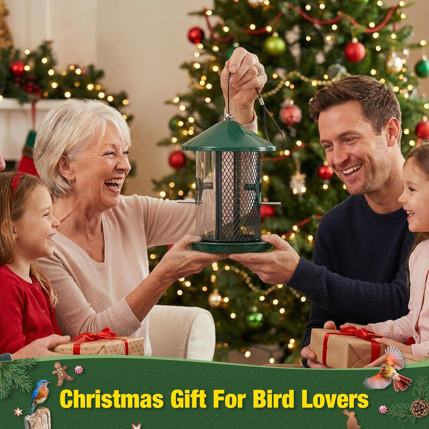 Kingsyard Metal Bird Feeder for Outdoor Hanging - Chew Proof Wild Bird Finch Cardinal Feeder with Dual Chamber of 4 lbs Capacity for Bluebird, Green
