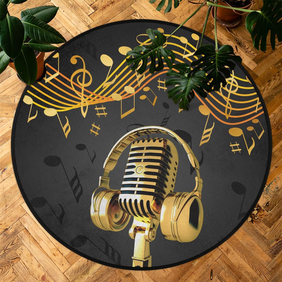 Music Note Round Area Rug Bedroom 3 Ft, Microphone Music Circle Floor Mat Non-Slip Washable Accent Throw Rugs Carpet for Living Room Kids Room Nursery Entryway Laundry