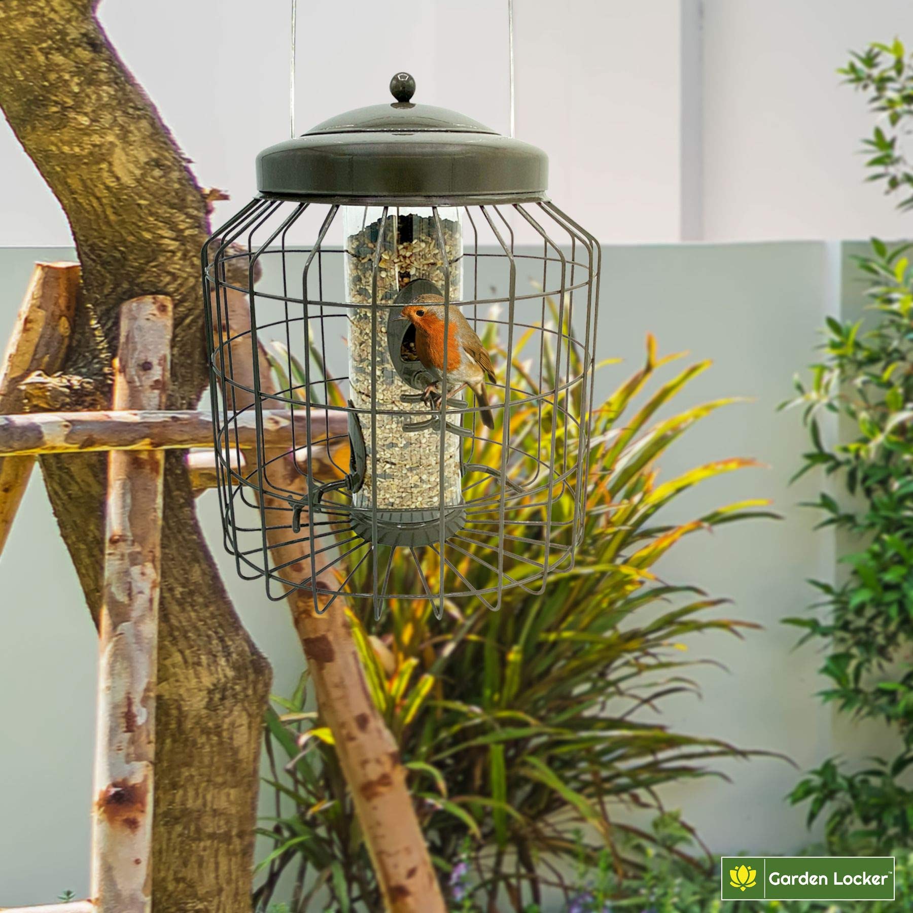 Vogelfutterstation für Wildsamen, groß, robust, Eichhörnchensicher, für den Außenbereich, Garten, Mokkabraun – mit starkem verzinktem Metallkäfig zur Abschreckung von Eichhörnchen und großen Vögeln