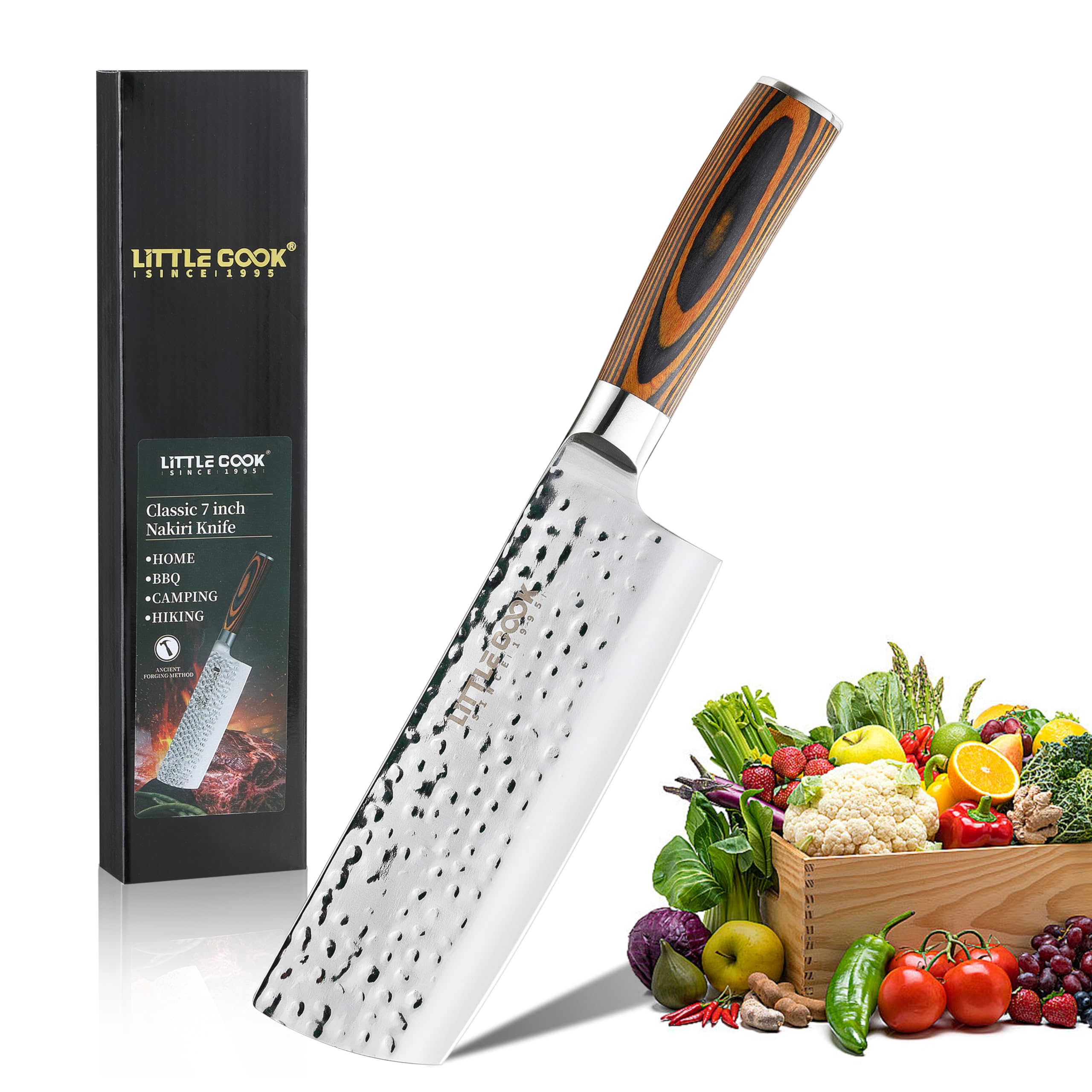 Nakiri Knife, Little Cook 7 inch Ultra Sharp Cleaver and Vegetable Kitchen Knife, Stainless Steel Asian Chef's Knife with Ergonomic Wood Handle, Gift Box Included, 11.8*2.4