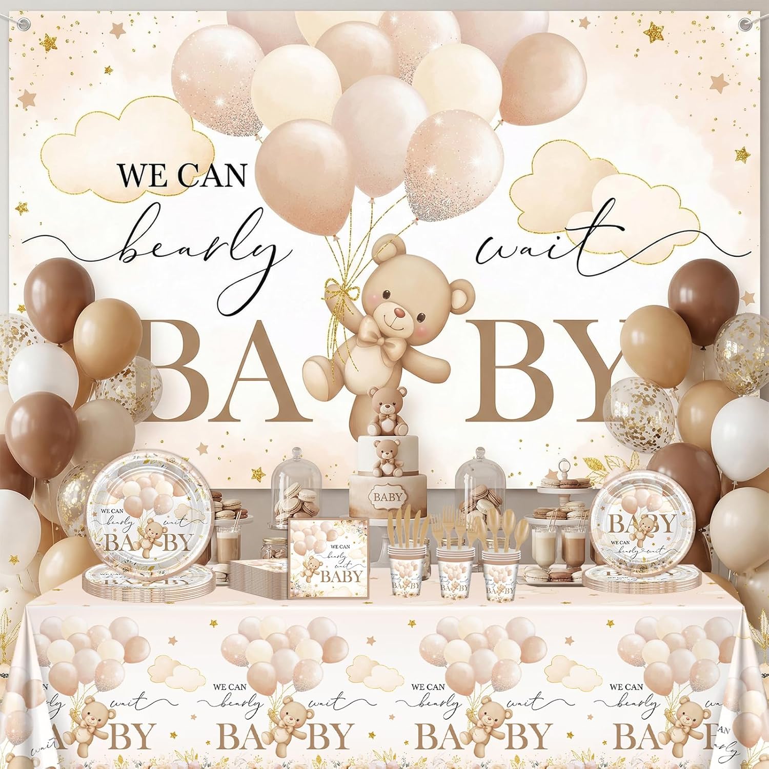 270 Pcs We Can Bearly Wait Baby Shower Decorations: Bear Baby Shower Banner Balloons Disposable Bear Themed Plates and Napkins Cups Tablecloth, Serve 24
