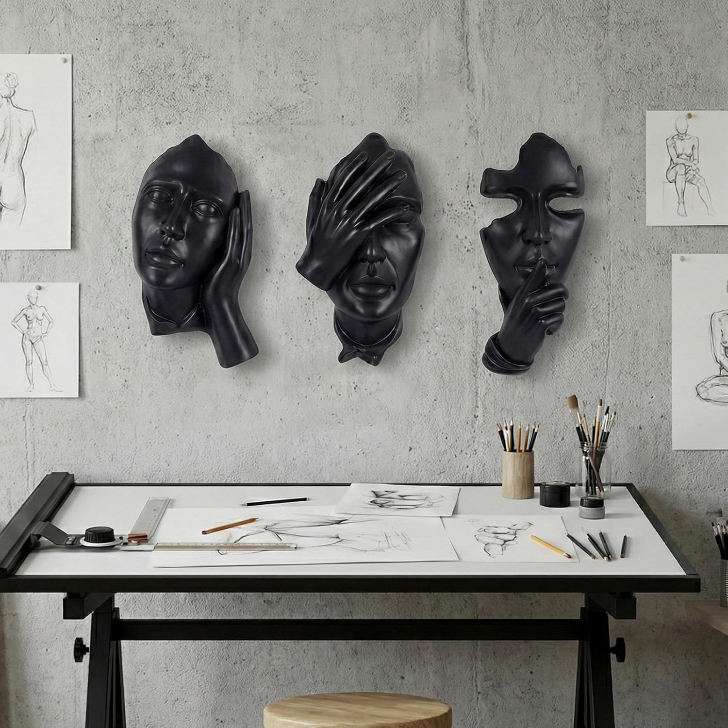 orenm 3-Piece Abstract Face Wall Sculptures, Resin Modern Art Wall Decor for Men Bedroom, Living Room, Office, Studio & Entertainment Center (Black)