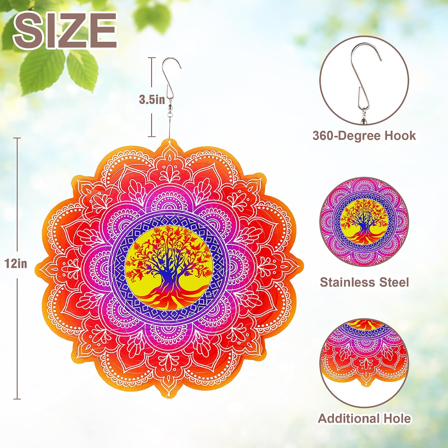 Hanging Wind Spinner 12 Inch, Tree of Life 3D Stainless Steel Wind Spinner, Garden Yard Patio Decor, Indoor Window Wall Art for Meditation, Mindfulness, Breathwork, Calming Gift