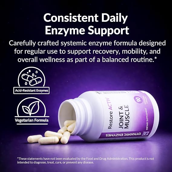 Restore ACTIV Systemic Enzymes Acid-Resistant Serrapeptase 90,000 SPU + Nattokinase 400 FU Protease Blend for Muscle, Joint & Tissue Support Supports Healthy Circulation 90 Veg Caps