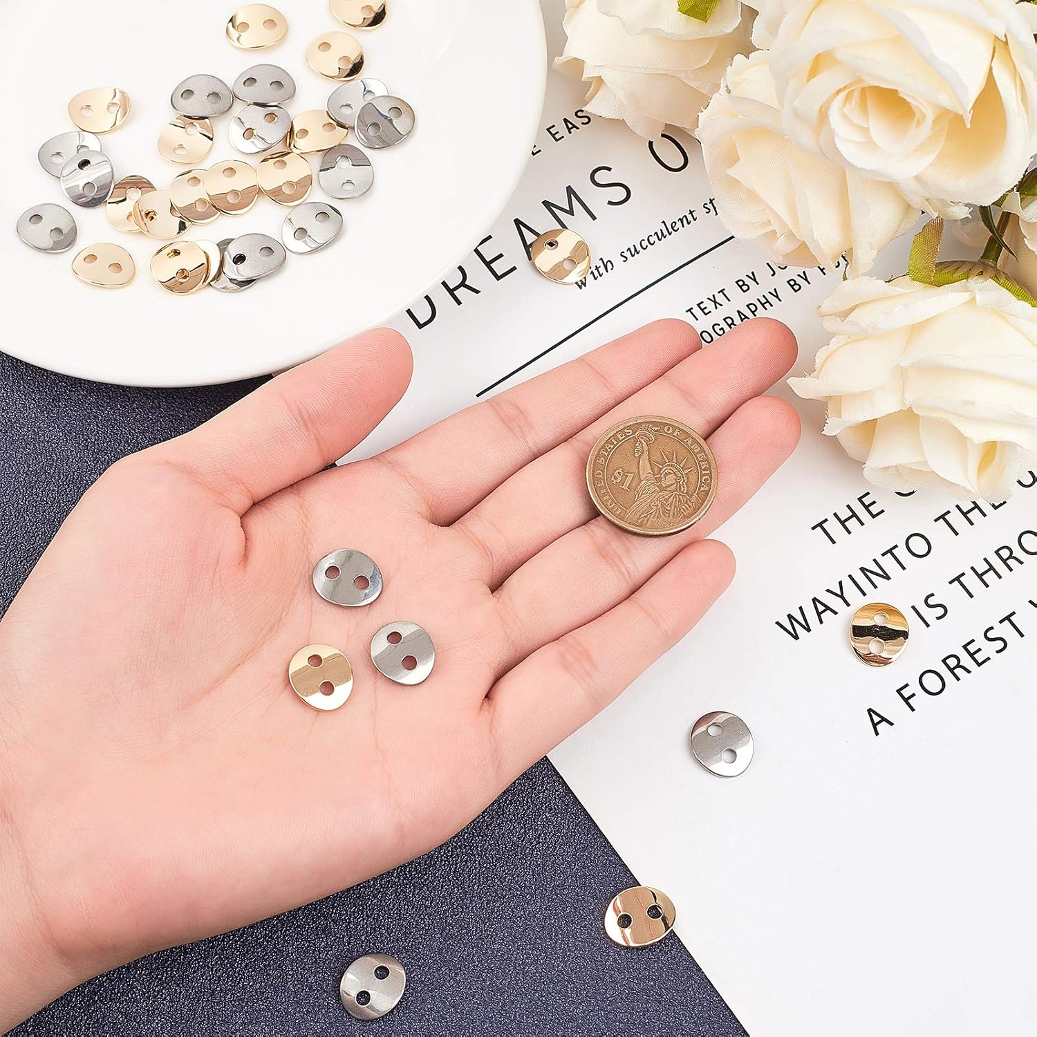 UNICRAFTALE 40pcs 2 Colors Stainless Steel Buttons Oval Buttons Half Dome Cap Sewing Button Golden & Stainless Steel Color for Christmas Day Sewing Fasteners Button Painting Handmade Ornament Projects - Image 3