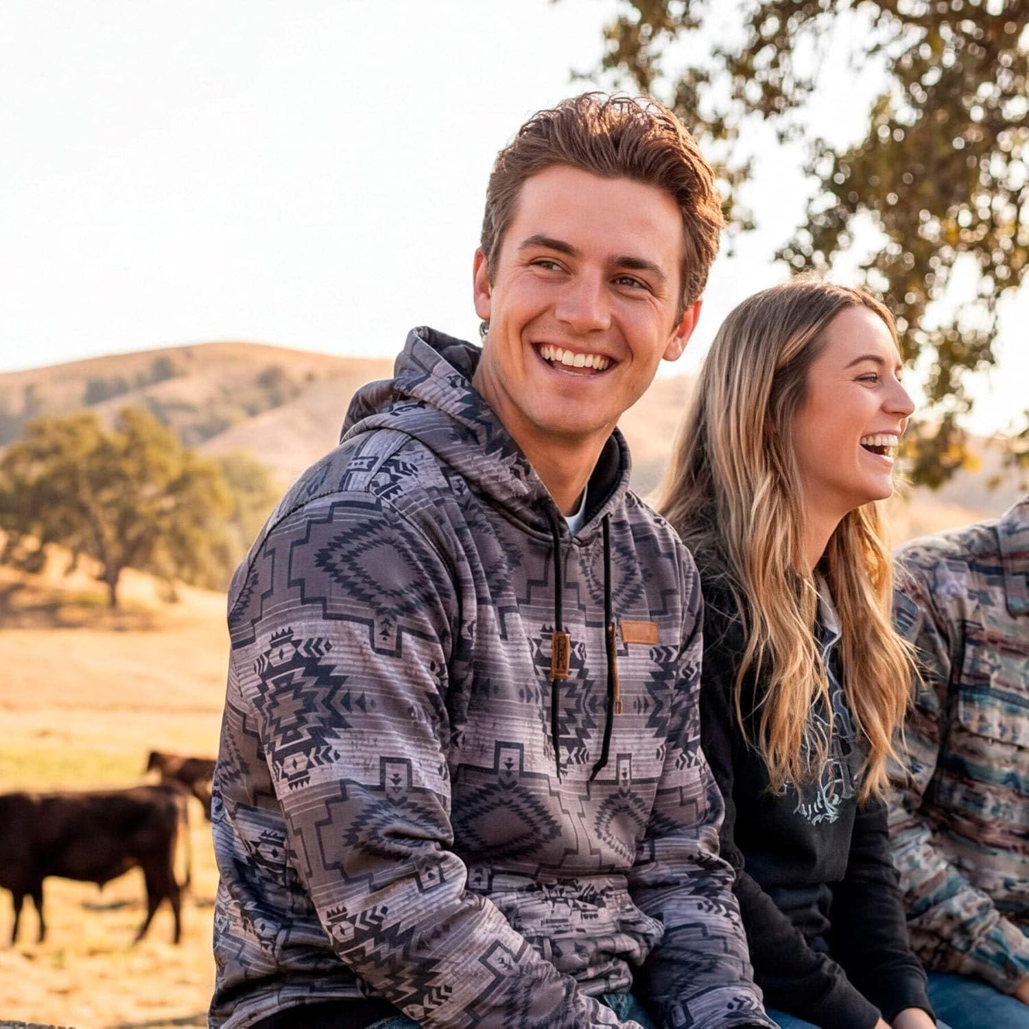 Lazy J Ranch Wear Men's Fashion Hoodies & Sweatshirts - Aztec Print Long Sleeve Western Sweater - Charcoal Grey