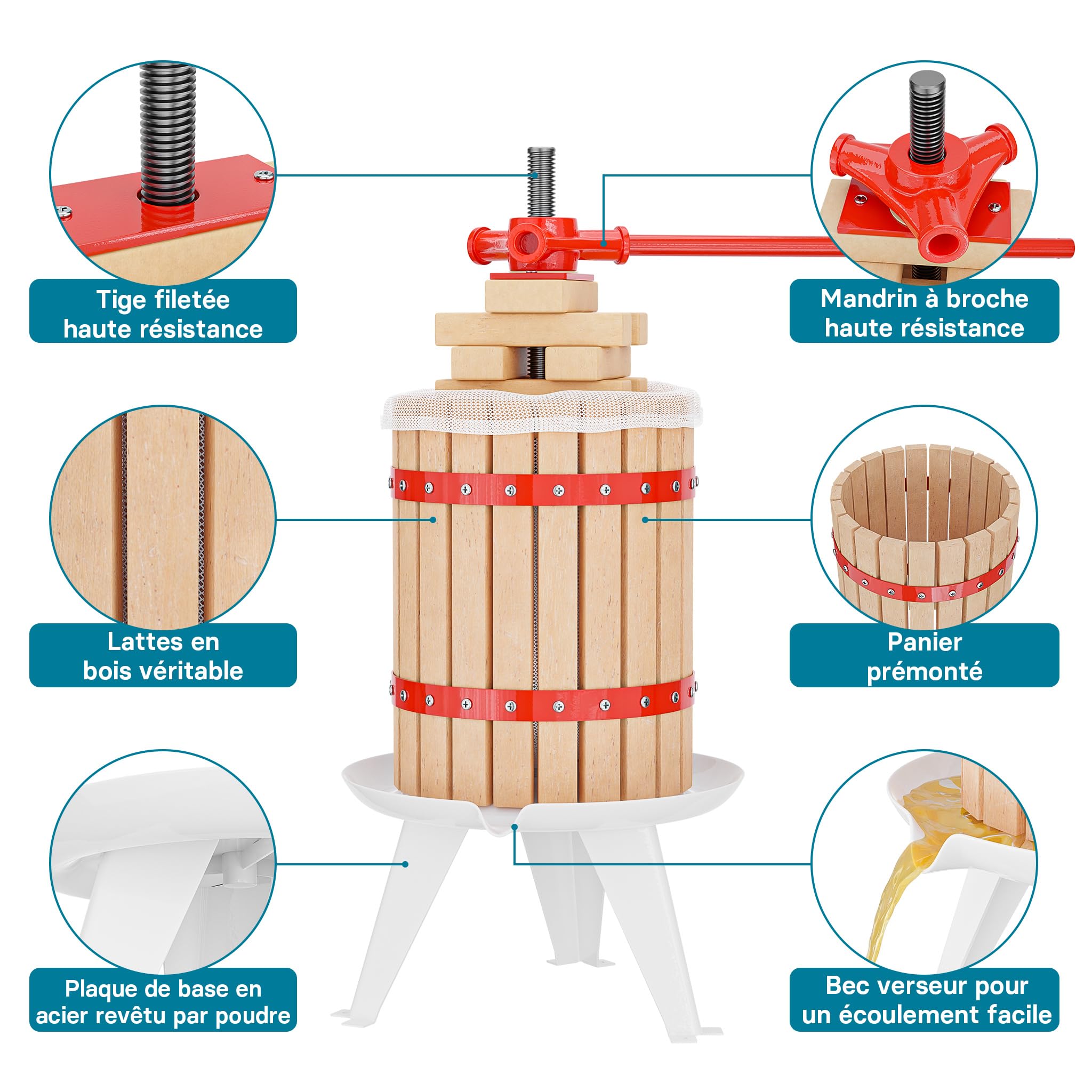 Wiltec Torchio Frutta da 6 l con Gabbia in Legno e 3 Sacchi di spremitura, Torchio a Leva