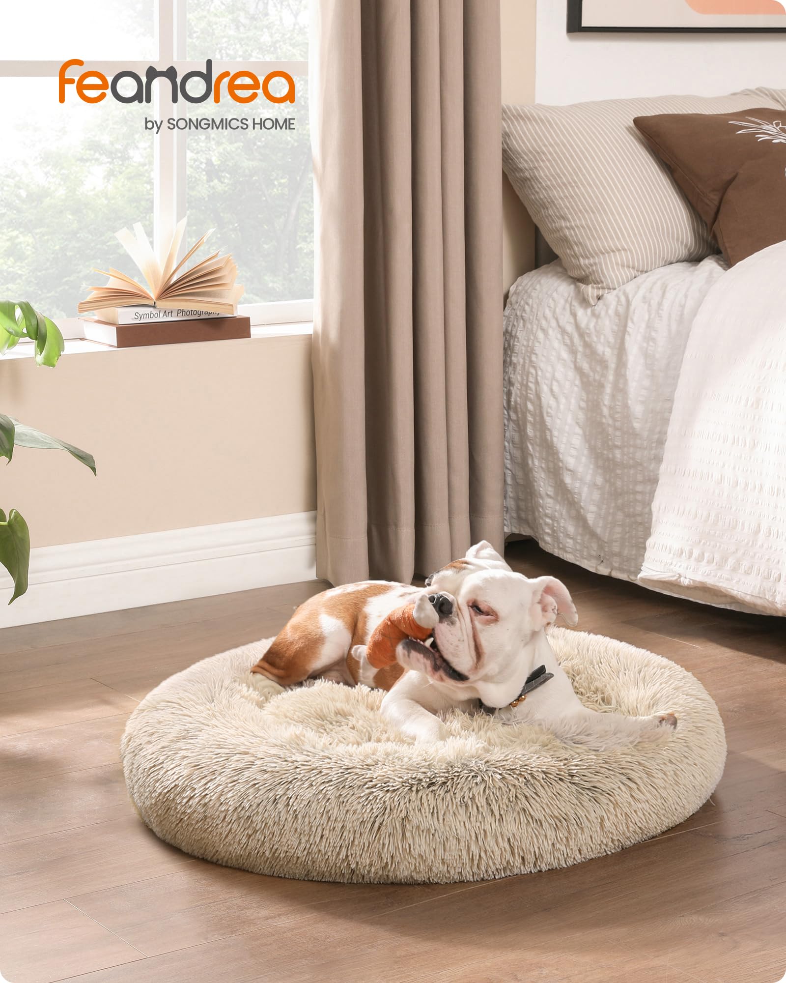 Feandrea - Cesta para Perro, Cama Redonda con Forma de donuz, sofá, cojín Central extraíble y Lavable, Tejido de Felpa Suave, diámetro de 90 cm, Color Caqui sombreado PGW041S01