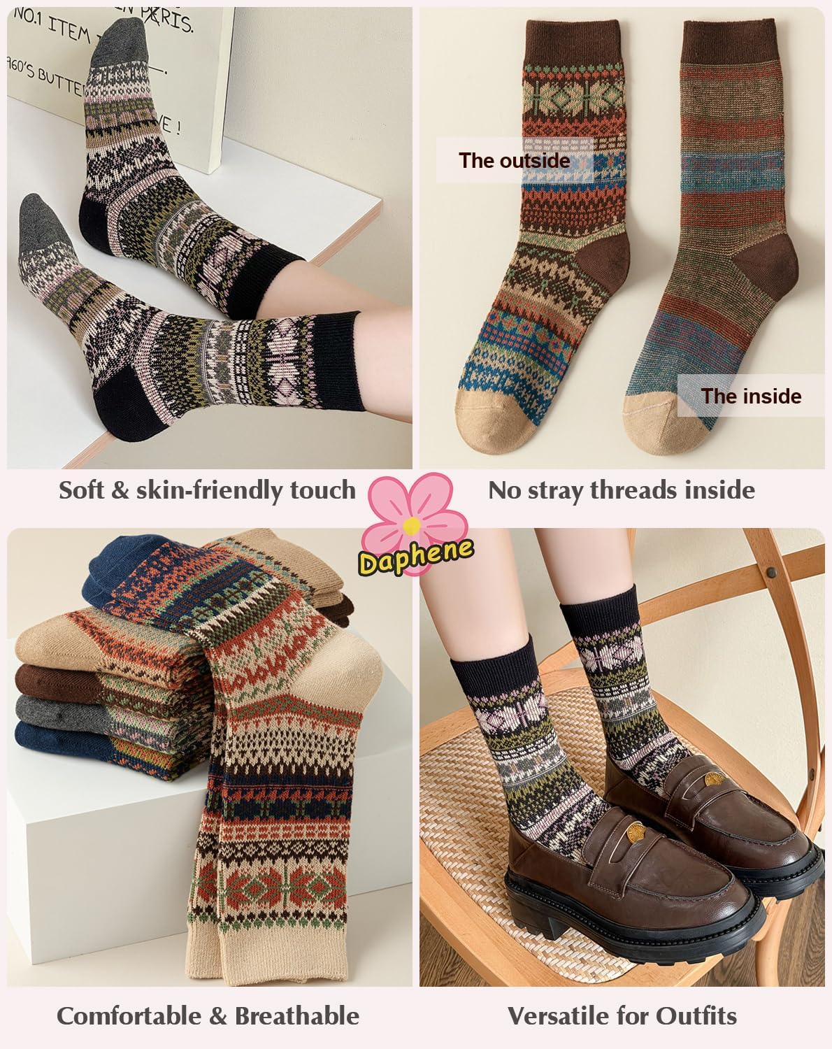 Daphene Women's Ethnic Vintage Socks | Premium Combed Cotton Warm | Retro Patterns Breathable Stretch Design | Holiday Gifts - Image 4