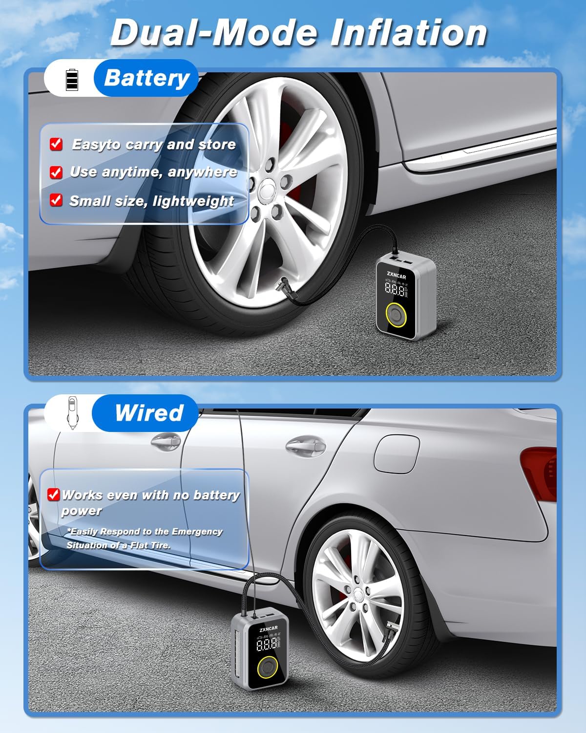Cordless Rechargeable Battery and 12V DC Tire Inflator Portable Air Compressor, Auto air Pump for Car tires with Pressure Gauge 200PSI 4X Smart Fast Inflation for Cars Bicycles Motorcycles Balls