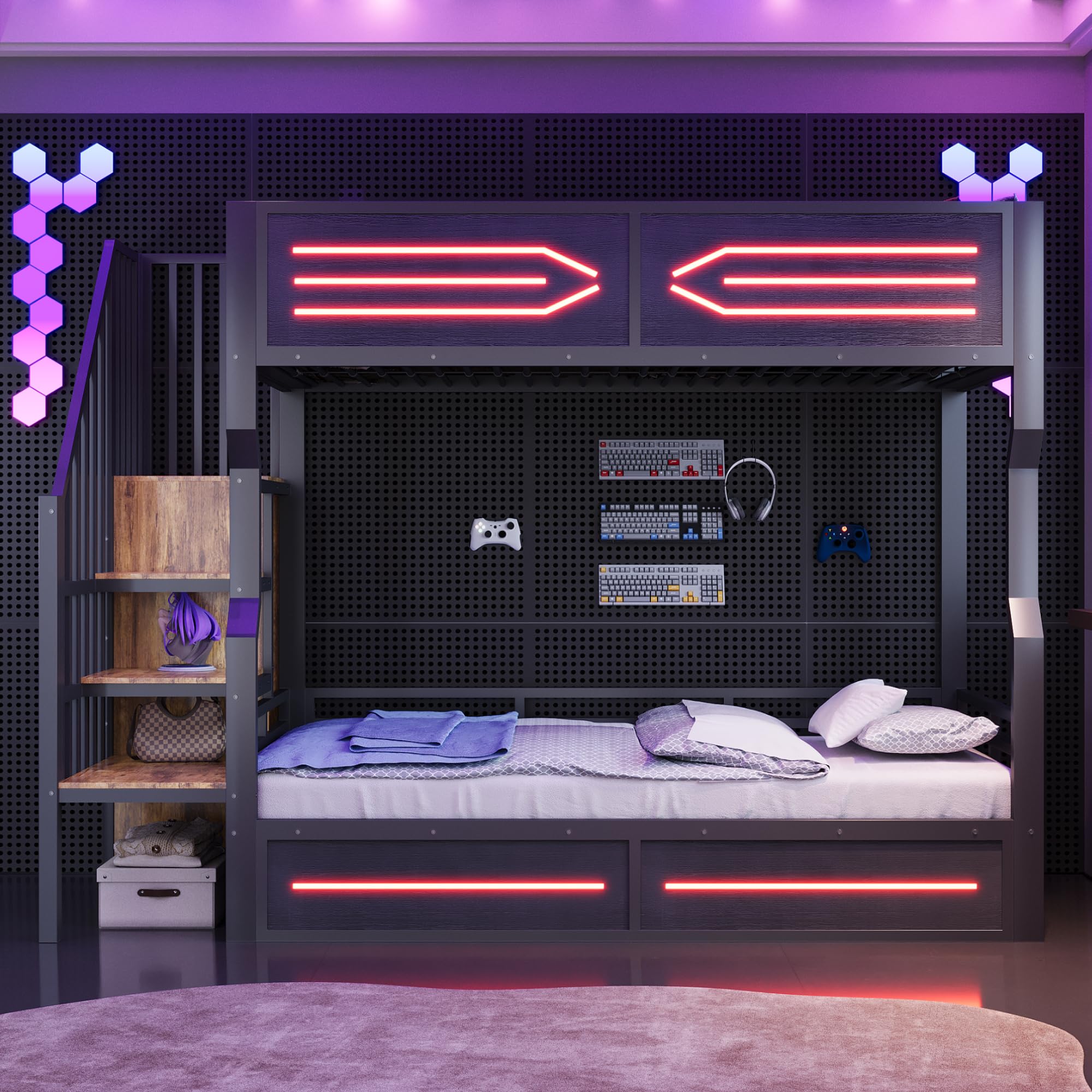 Sapgaks Lit superposé Enfant 90 × 200 cm avec LED,lit Mezzanine 2 Places,lit superposé 2 Places,lit Enfant avec Barriere,lit Double Enfant barrières latérales Hautes,avec Espace de Rangement (Noir-5)