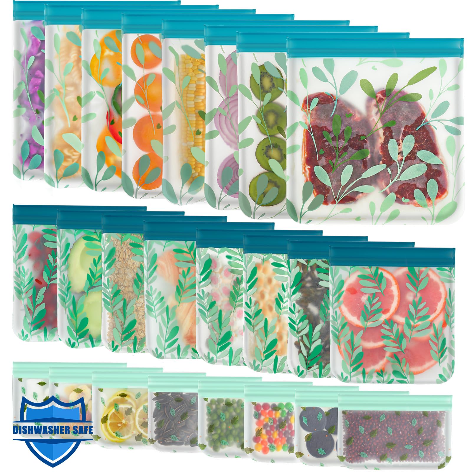 24 Pack Dishwasher Safe Reusable Bags Silicone, Leakproof Reusable Freezer Bags for Food Storage, Home Organization, Travel Make-up, BPA-Free for Salad and Fruit