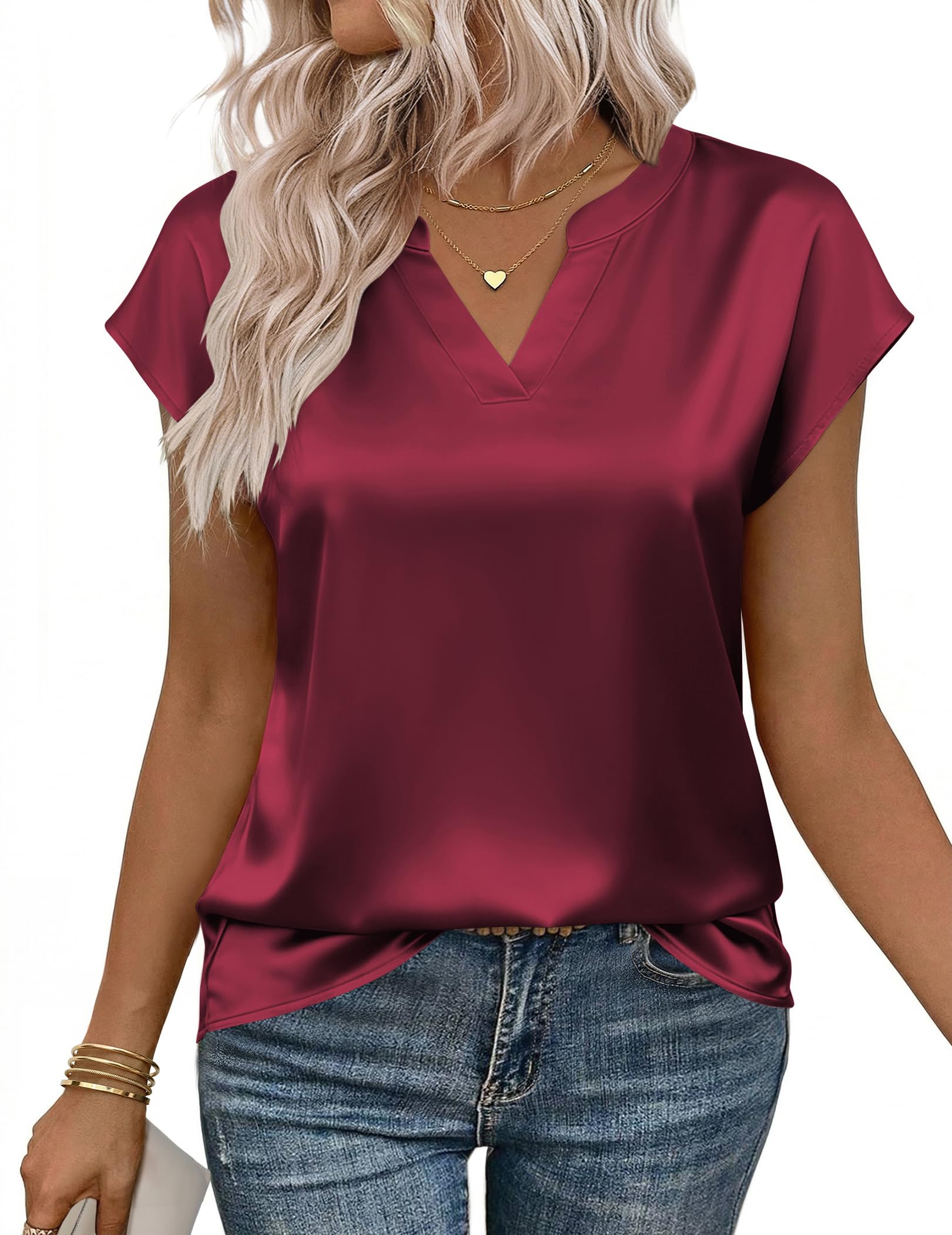 Zeagoo Women Tops Silk Satin Blouses V Neck Summer Shirts Cap Sleeve Business Casual Dressy Spring Clothing — view 13