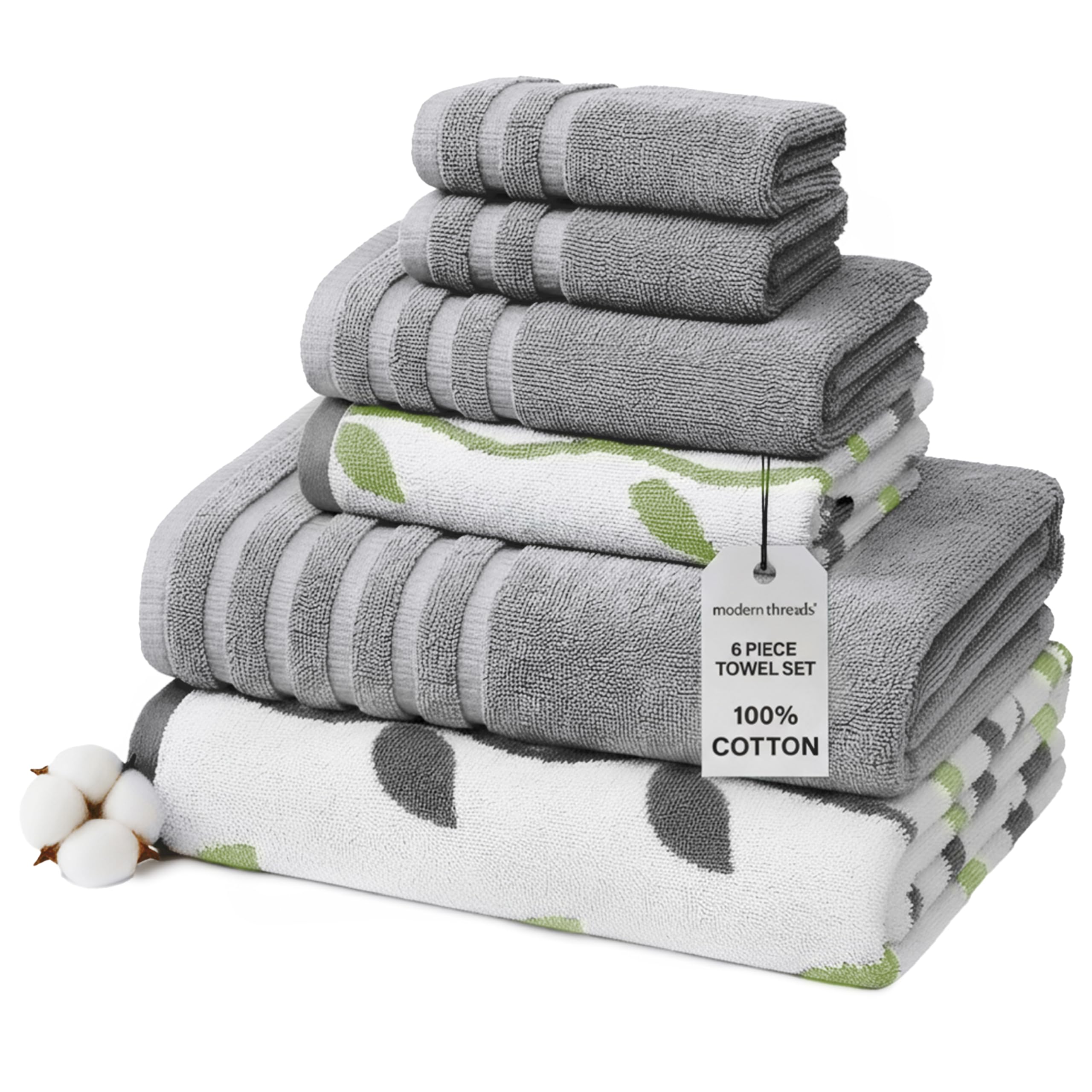 Modern Threads Organic Vines 6-Piece 100% Cotton Towel Set – Yarn Dyed Jacquard & Solid – Includes 2 Bath Towels, 2 Hand Towels, 2 Washcloths – Absorbent, Quick Dry, Soft & Durable – Gray