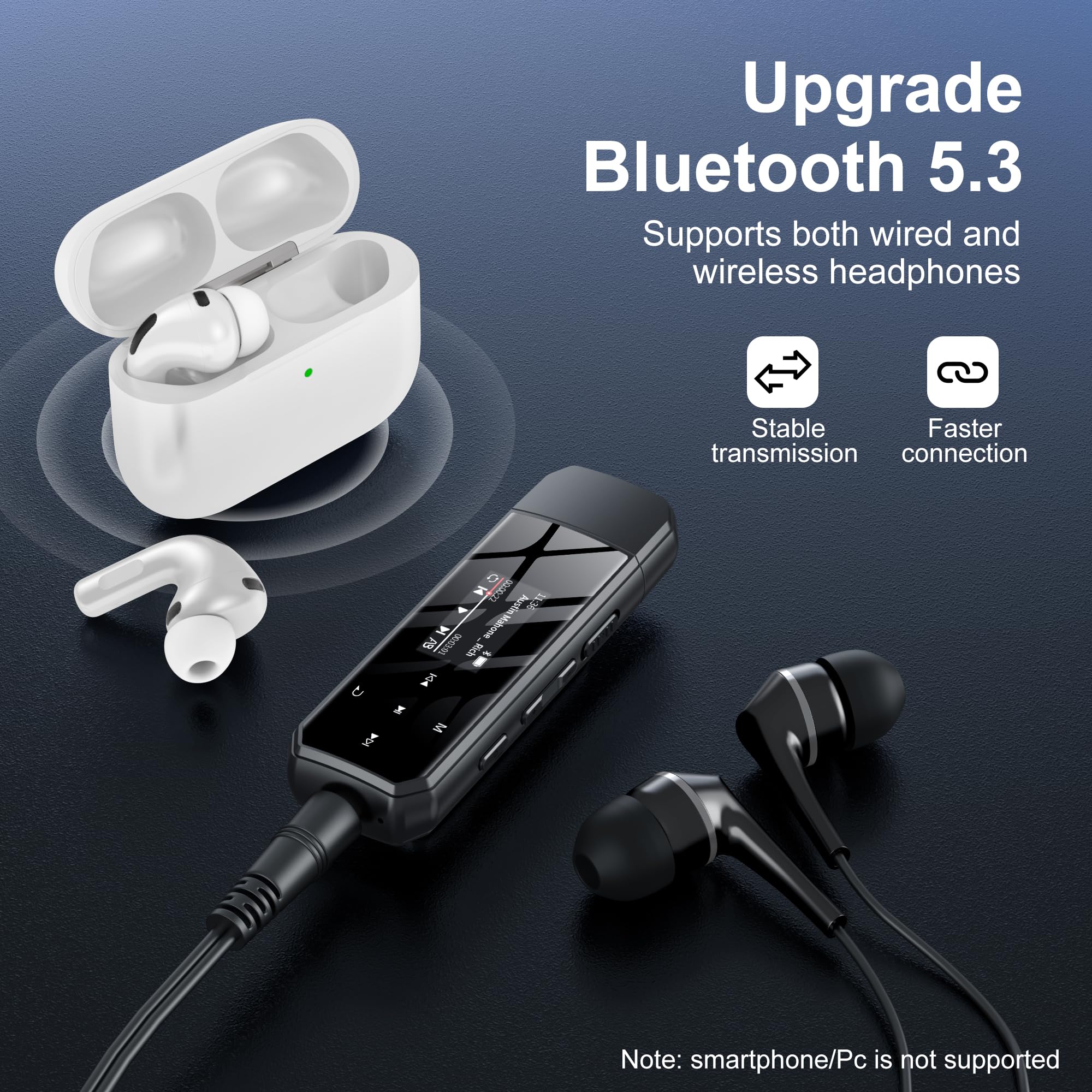 SWOFY Lettore MP3 USB portatile Bluetooth 5.3, 32 GB, clip per sport e corsa, radio FM, registrazione vocale, trasferimento di file dal cellulare e riproduzione audio digitale casuale (nero)