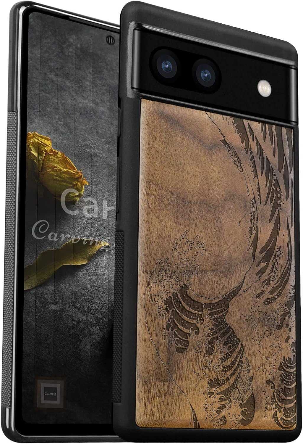 Carveit Wood Case for Pixel 6a Case [Natural Wood & Black Soft TPU] Shockproof Protective Unique Wooden Cover Compatible with Google Pixel 6a (The Great Wave Off Kanagawa-Walnut)