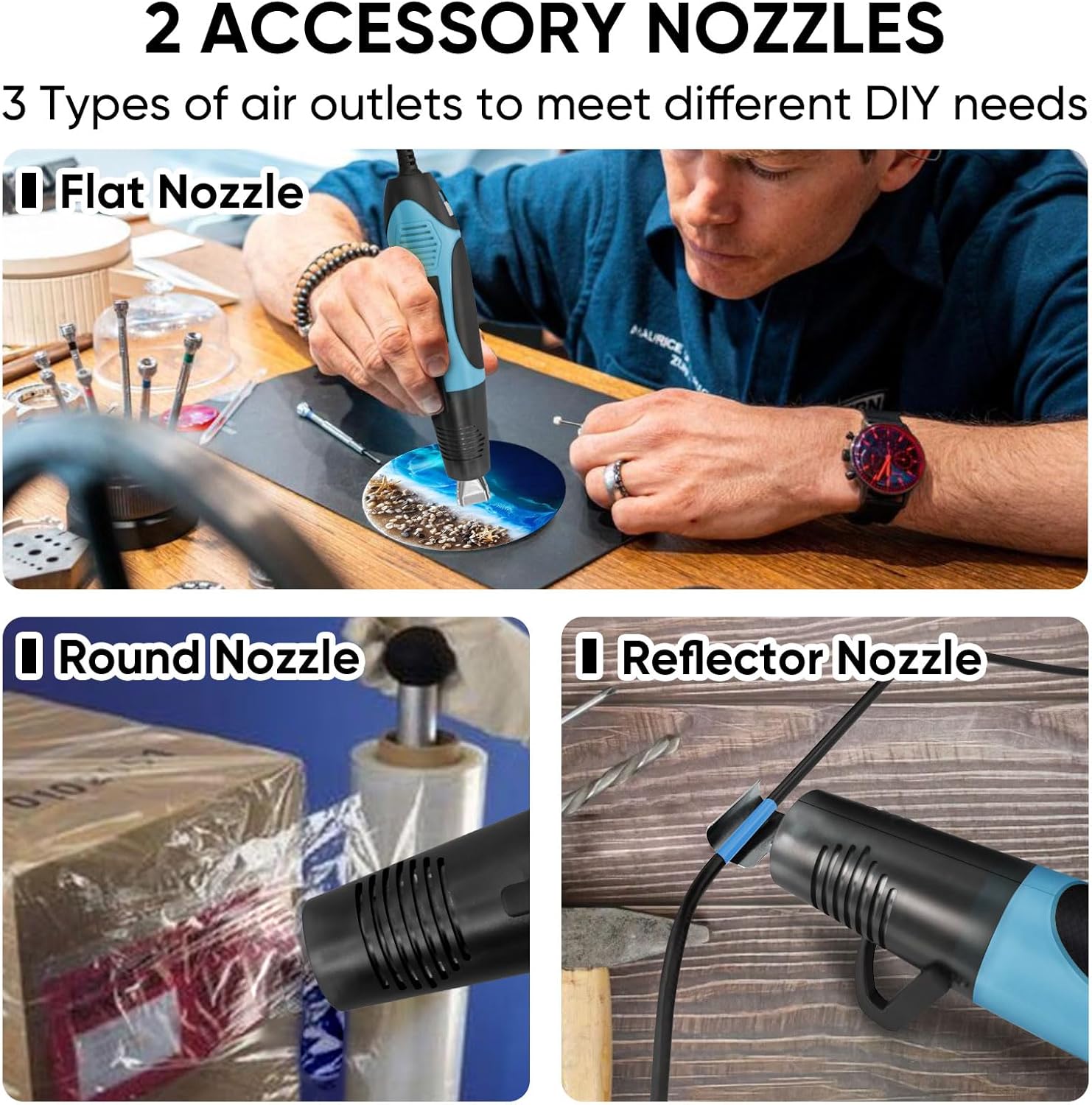 Two accessory nozzles for the ROMECH Heat Gun: Flat Nozzle and Reflector Nozzle, demonstrating their use for various DIY needs.