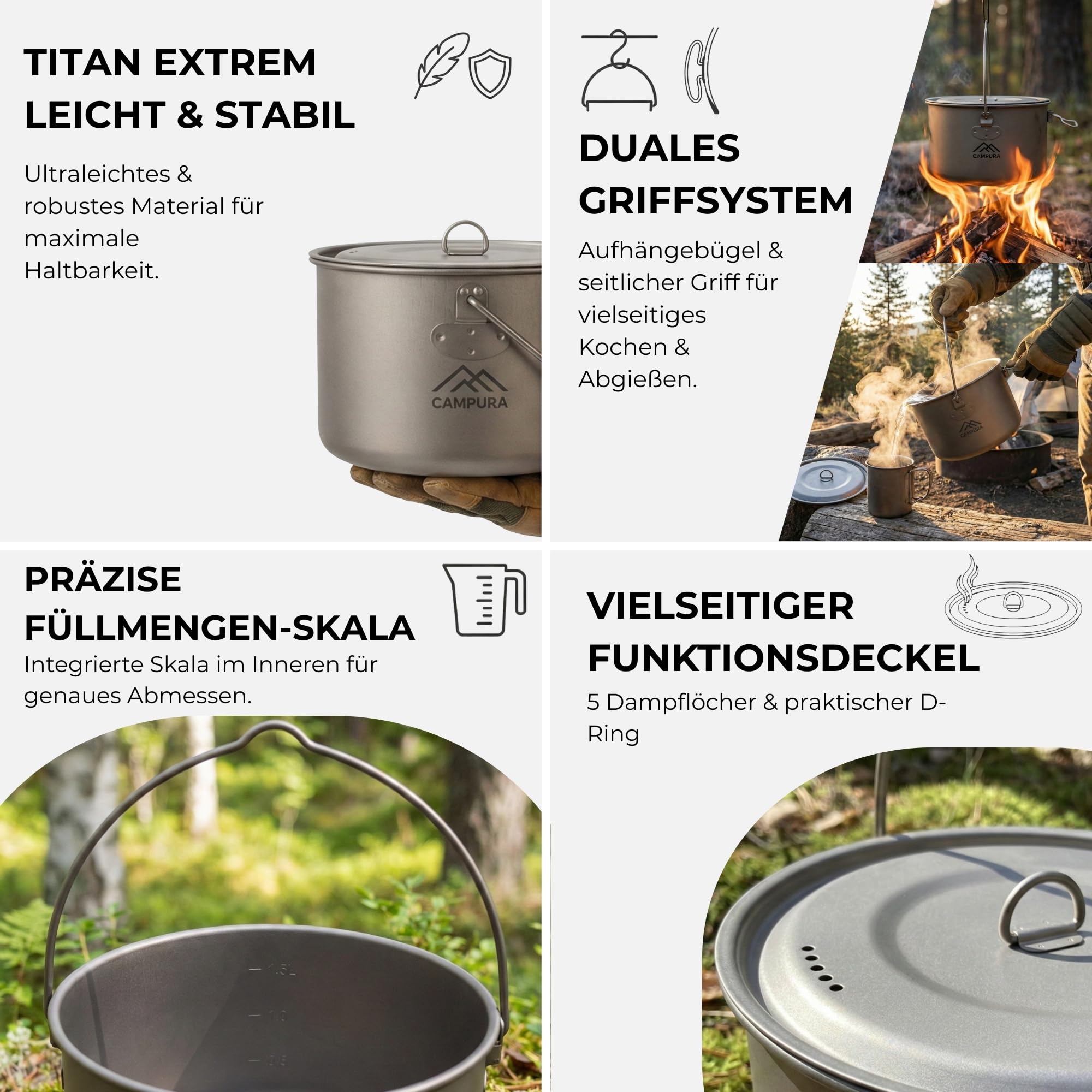 Titan Topf 2 Liter (1950 ml) mit Deckel und Aufhängehenkel - Ultraleichtes Campinggeschirr und Kochset für Outdoor, Bushcraft, Wandern und Survival, 190g