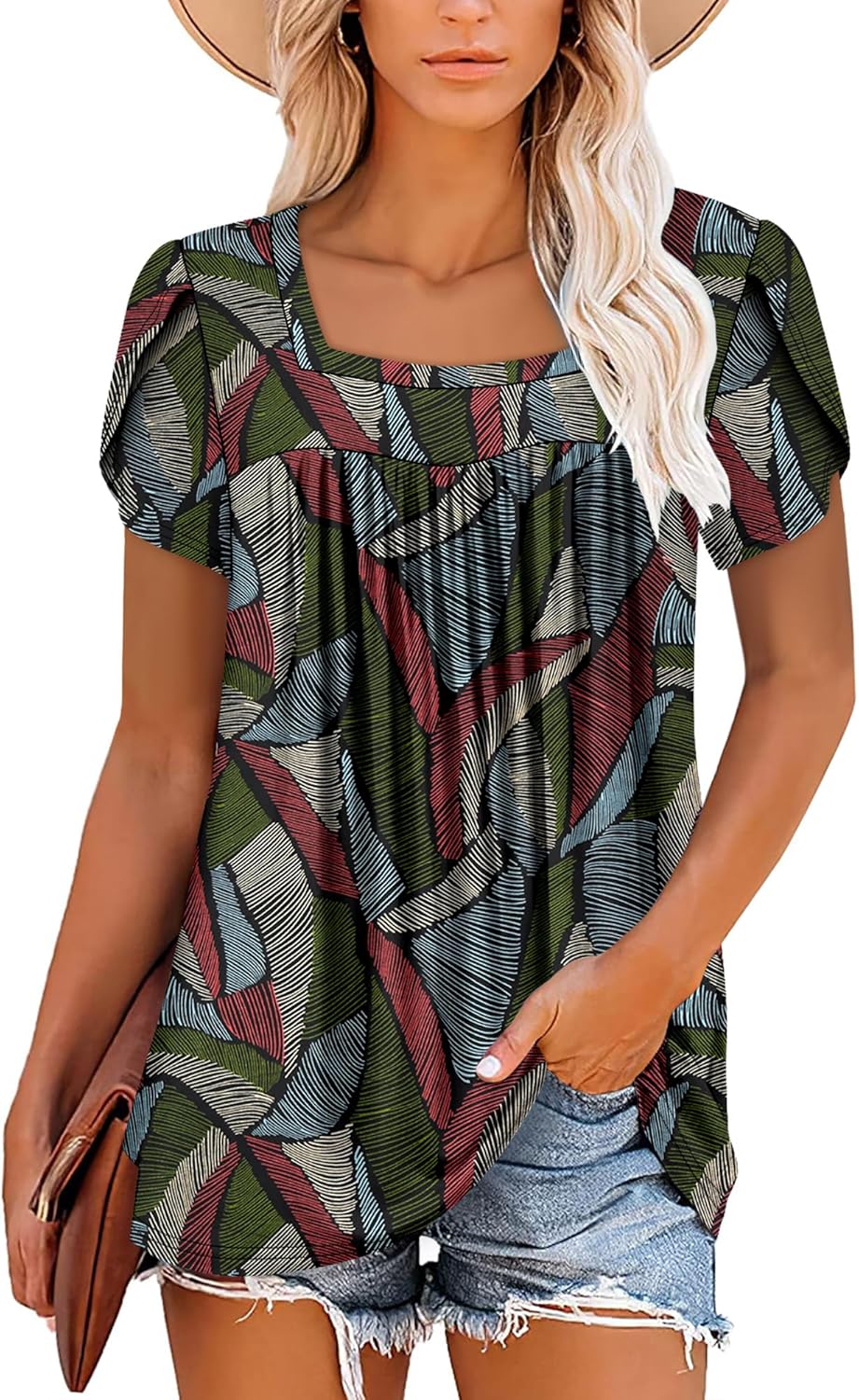 BETTE BOUTIK Womens Summer Tops Short Sleeve Pleated Square Neck Tunics Shirts Blouses S-3XL - Image 2