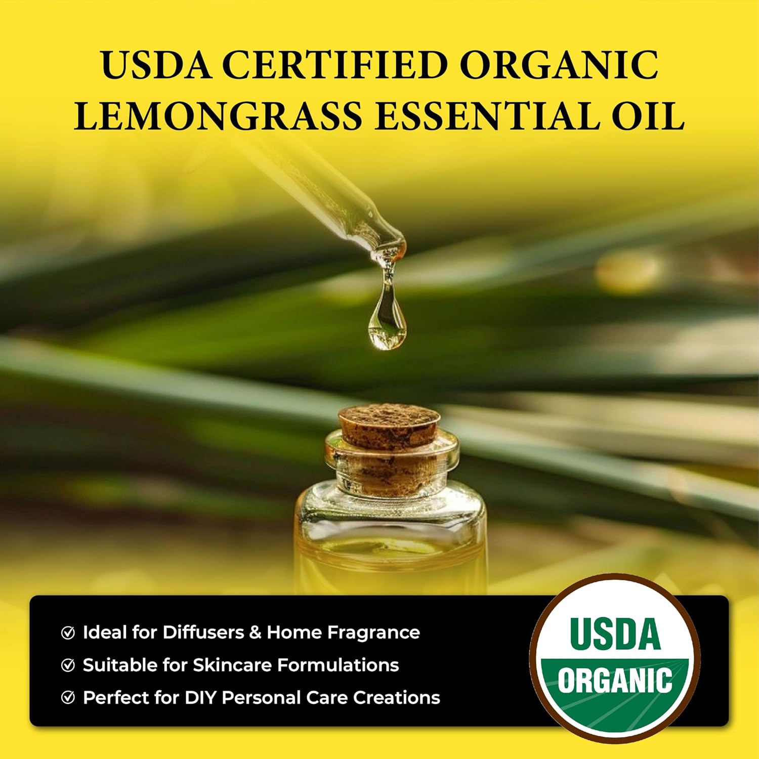 Lemongrass Organic Essential Oil - USDA Certified Cymbopogon Flexuosus, Steam Distilled Pure Citrus Oil for Aromatherapy, Diffuser, Skincare, Haircare, Massage DIY Soap Candle Making - India - 5 ml