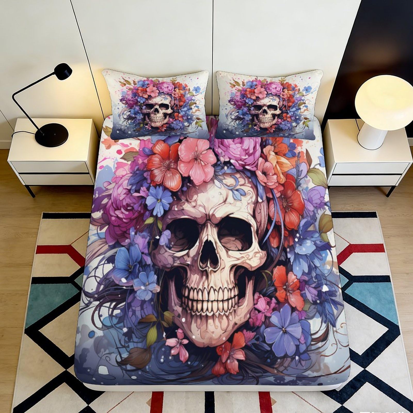 Uxinyoume Style-6 3D Printed Floral Skull Fitted Sheet Microfiber Soft Breathable Gothic Flowers Bed Cover For Bedroom Dorm Mattress Decor 90X200x25cm