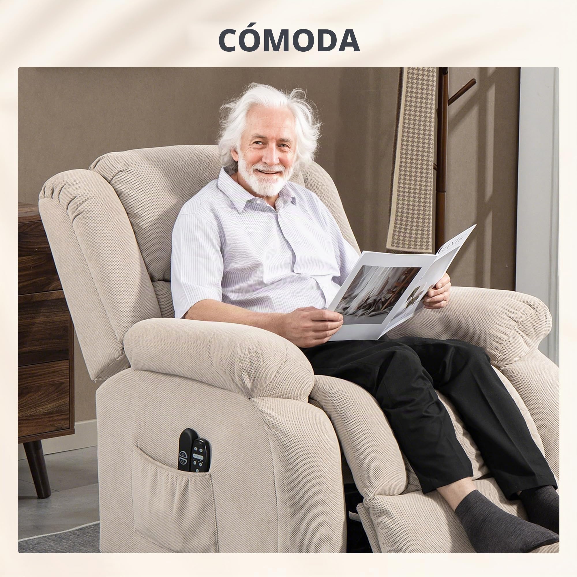 HOMCOM - Silla elevadora eléctrica con función de masaje y calefacción, sillón relax eléctrico con respaldo reclinable, puertos USB, mando a distancia, reposapiés y bolsillo lateral, color beige