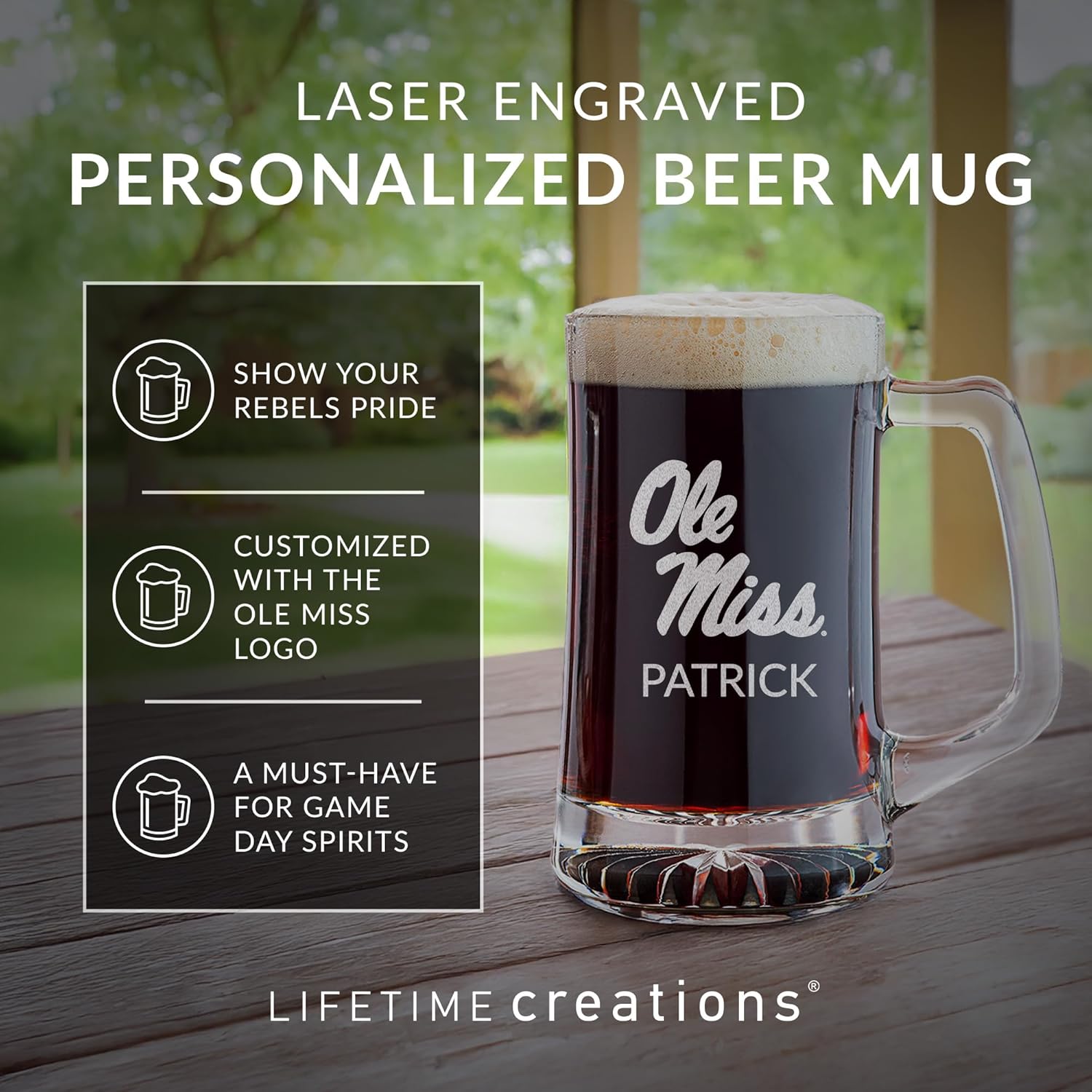 Lifetime Creations Personalized Ole Miss Beer Mug - Custom Engraved Glassware, Officially Licensed University of Mississippi Gifts for Men, Graduation, Made in USA (25 oz)